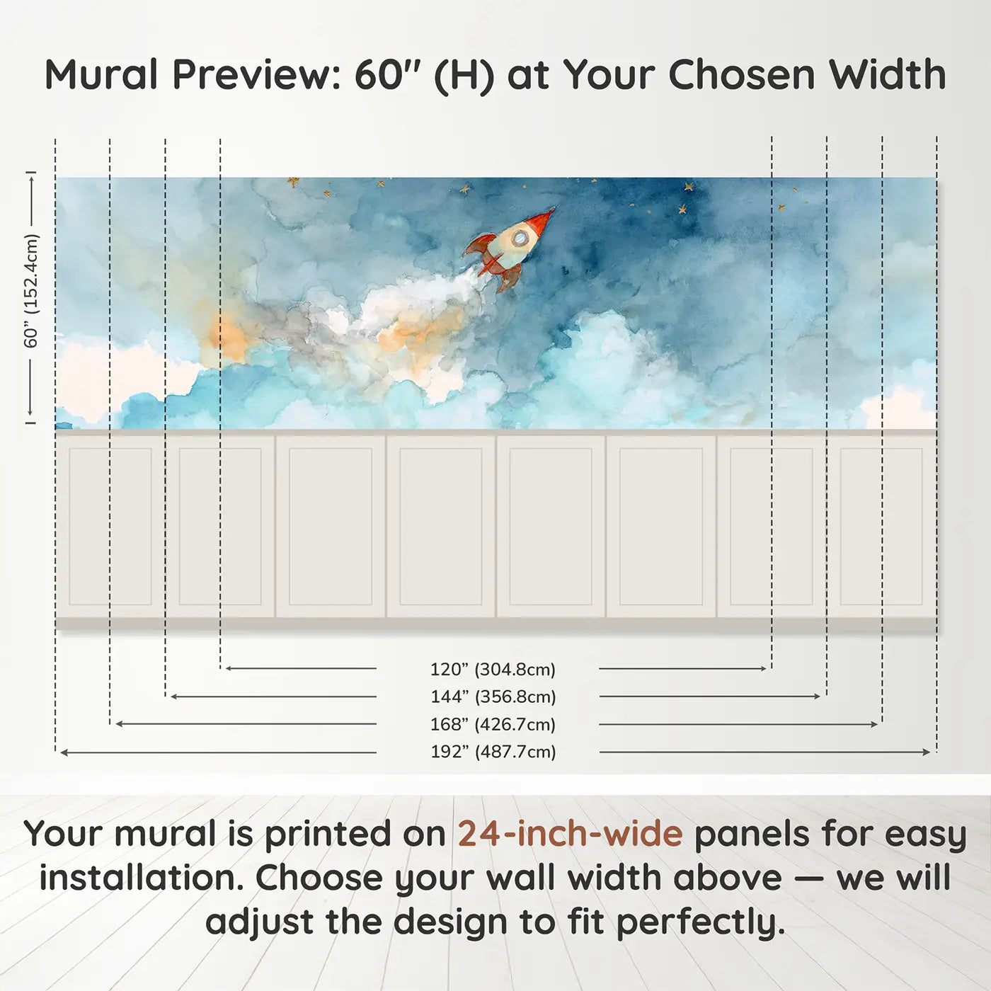 Panel dimensions for Rocket Ship Cloud Launch Wainscoting Wallpaper by Whimsy Tots