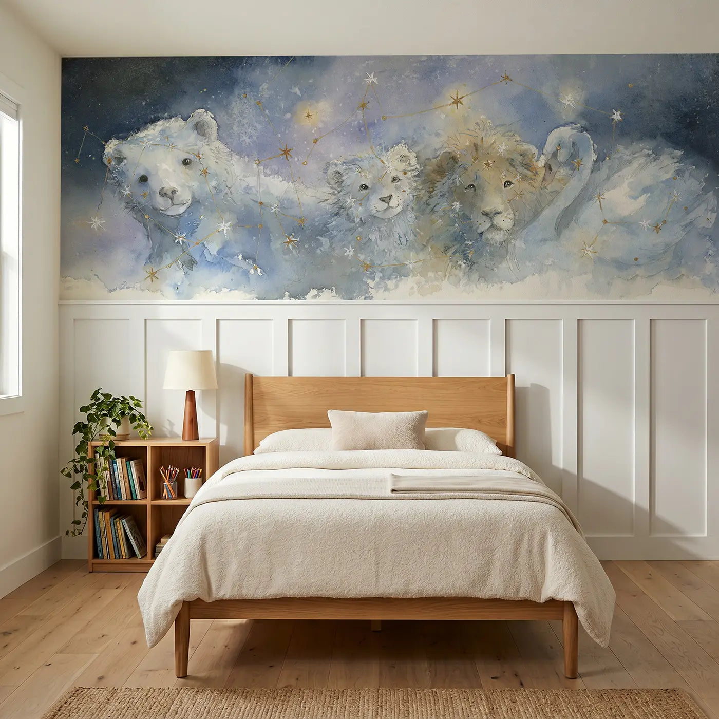 Watercolor constellation map celestial wainscoting wallpaper for bedroom by Whimsy Tots