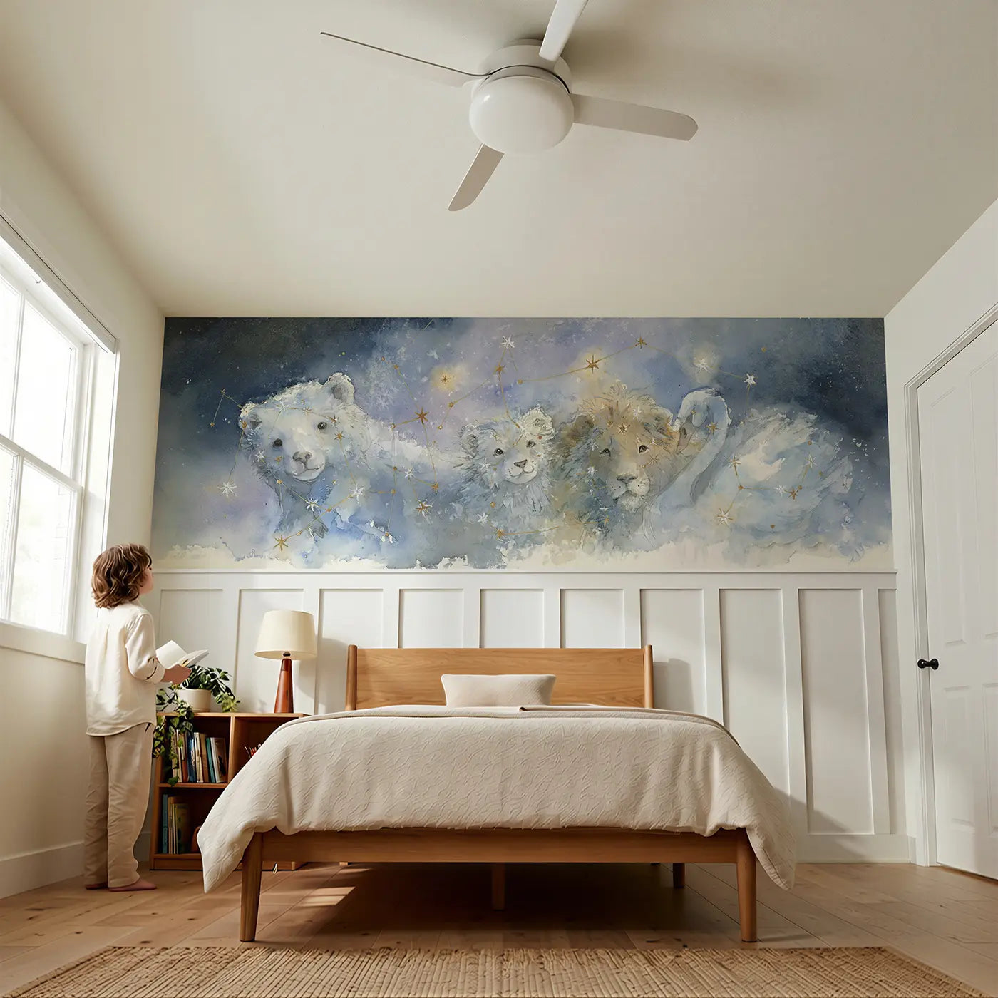 Child reading near Constellation Map Celestial Wainscoting Wallpaper by Whimsy Tots