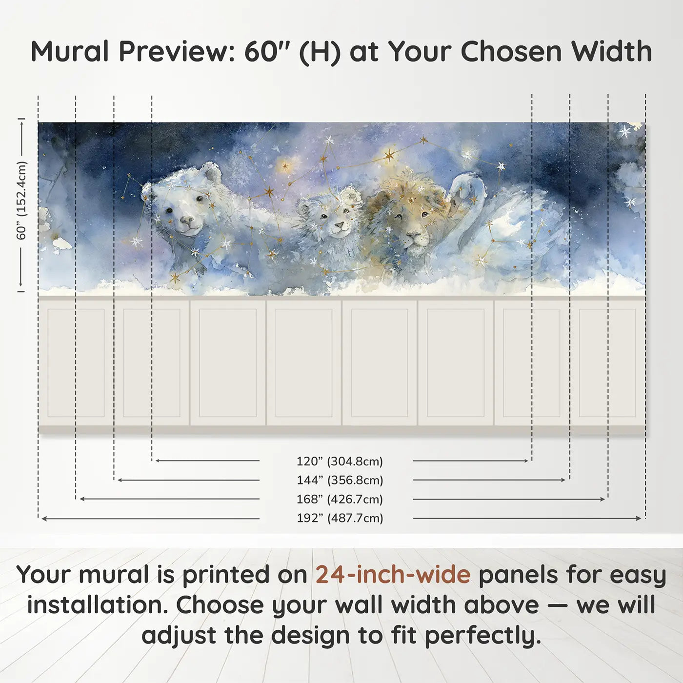 Panel dimensions for Constellation Map Celestial Wainscoting Wallpaper by Whimsy Tots