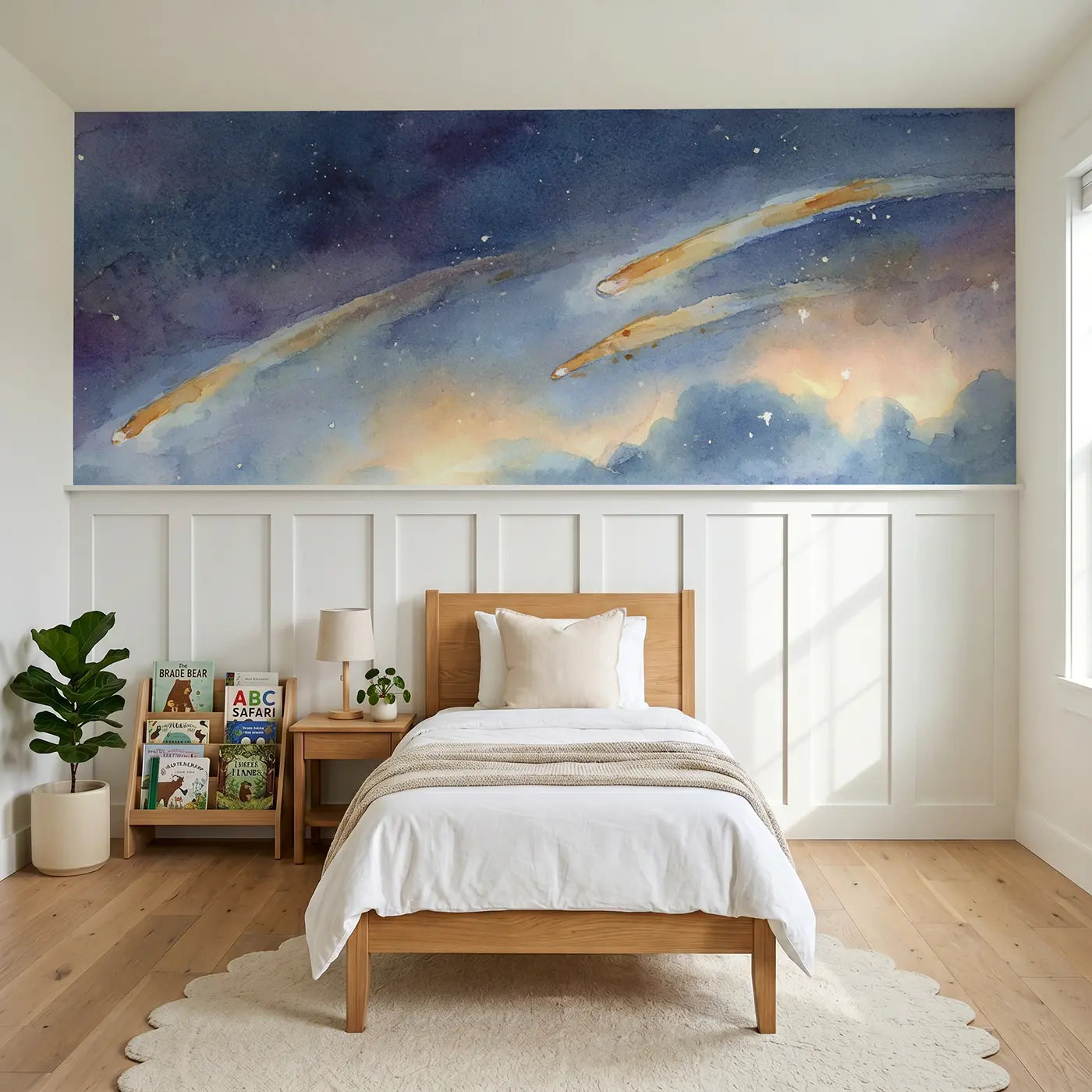 Watercolor shooting star wish trail wainscoting wallpaper for nursery by Whimsy Tots
