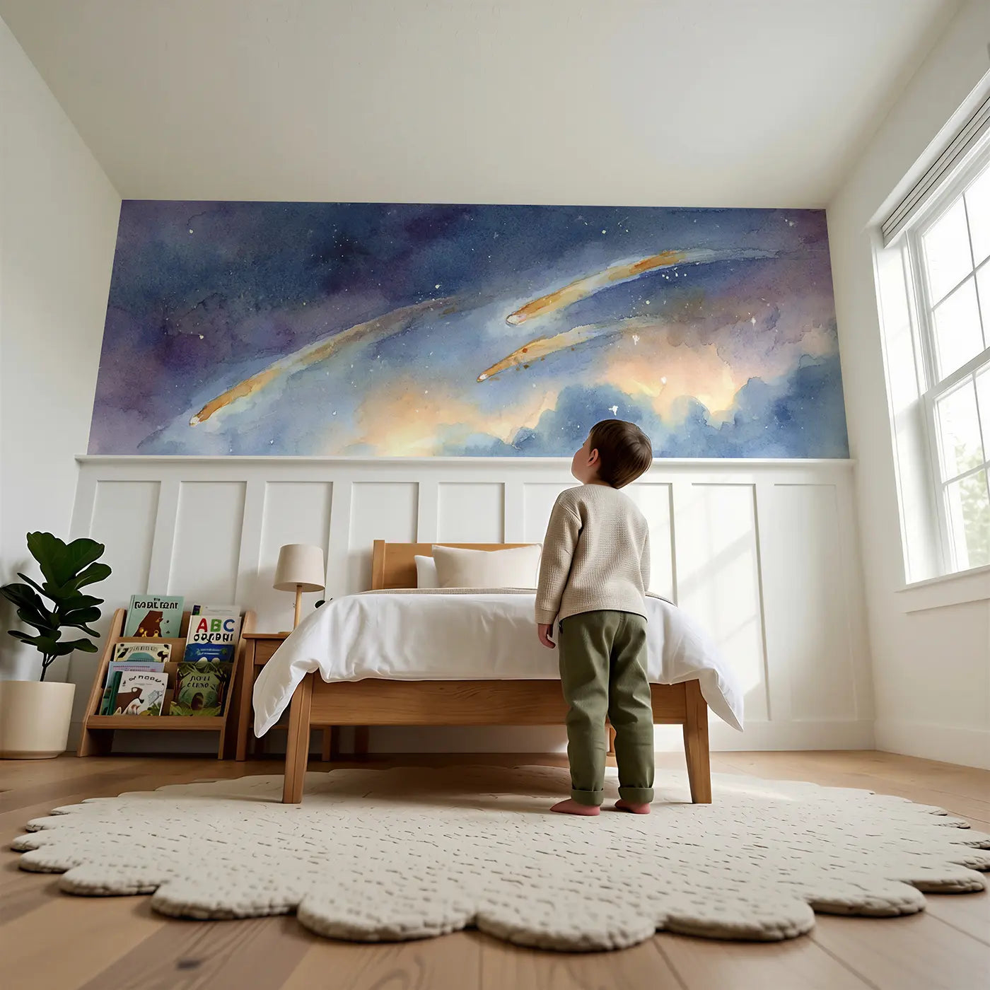Child reading near Shooting Star Wish Trail Wainscoting Wallpaper by Whimsy Tots