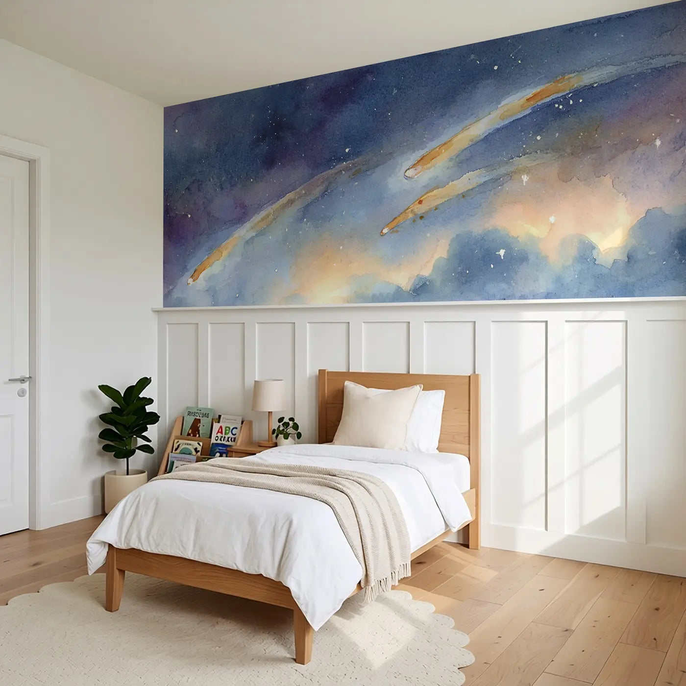 Shooting Star Wish Trail Wainscoting Wallpaper styled in a kids bedroom by Whimsy Tots