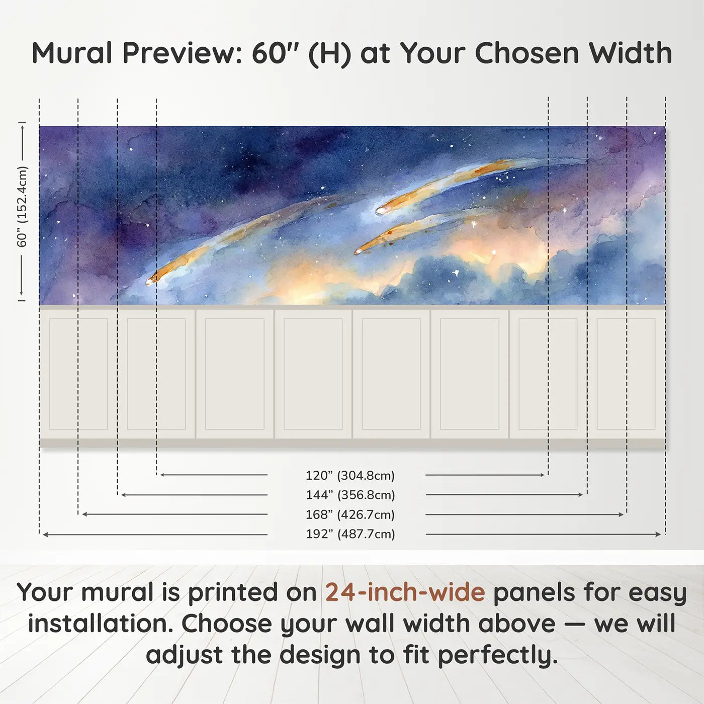 Panel dimensions for Shooting Star Wish Trail Wainscoting Wallpaper by Whimsy Tots
