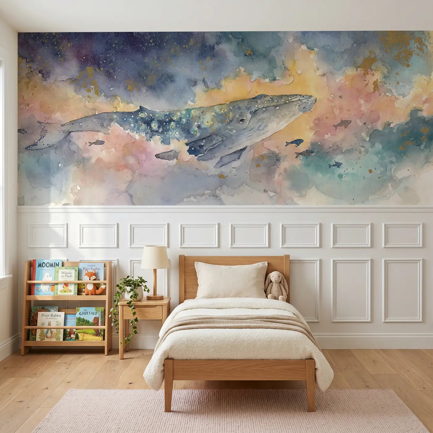 Watercolor space whale cosmic swim wainscoting wallpaper for nursery by Whimsy Tots