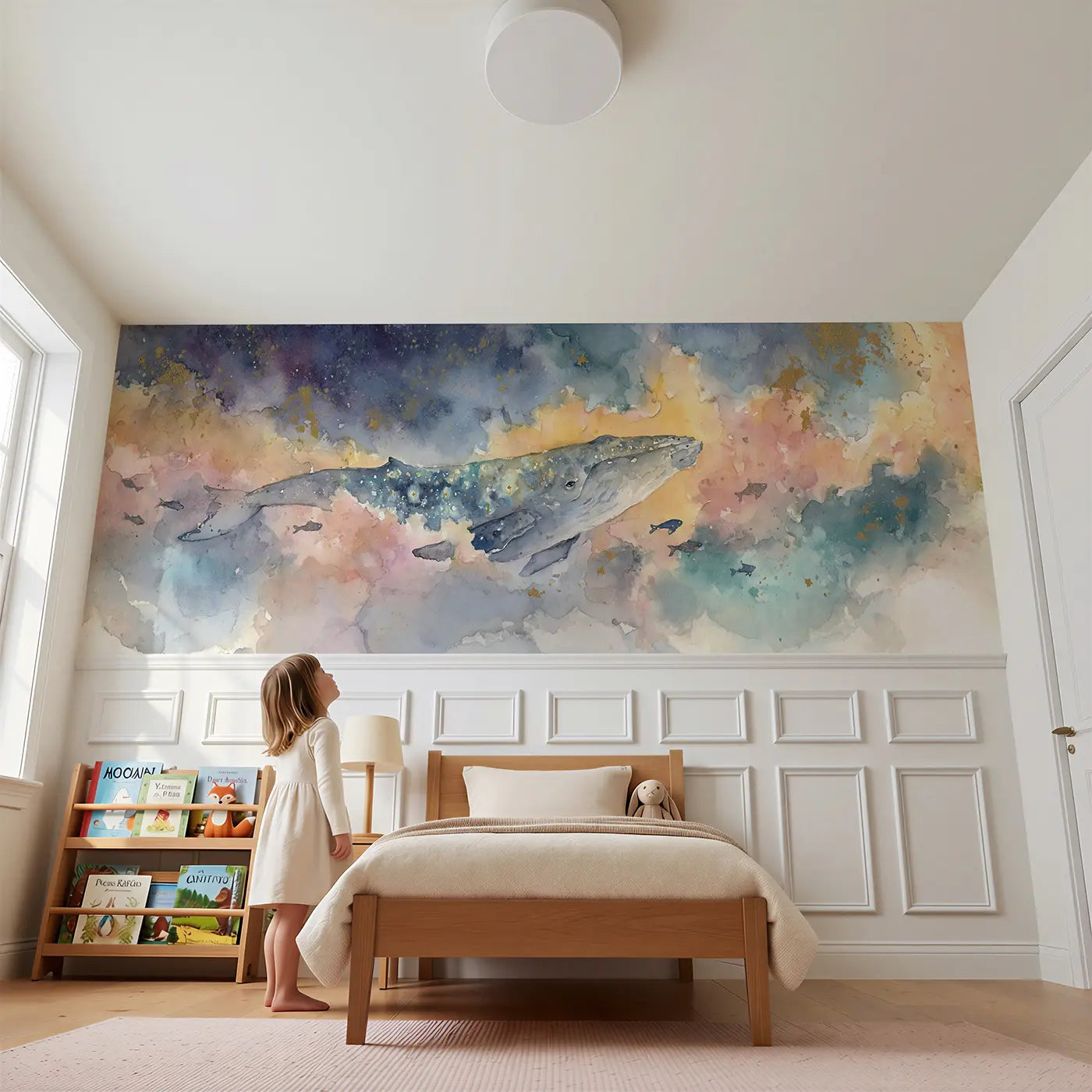 Child reading near Space Whale Cosmic Swim Wainscoting Wallpaper by Whimsy Tots
