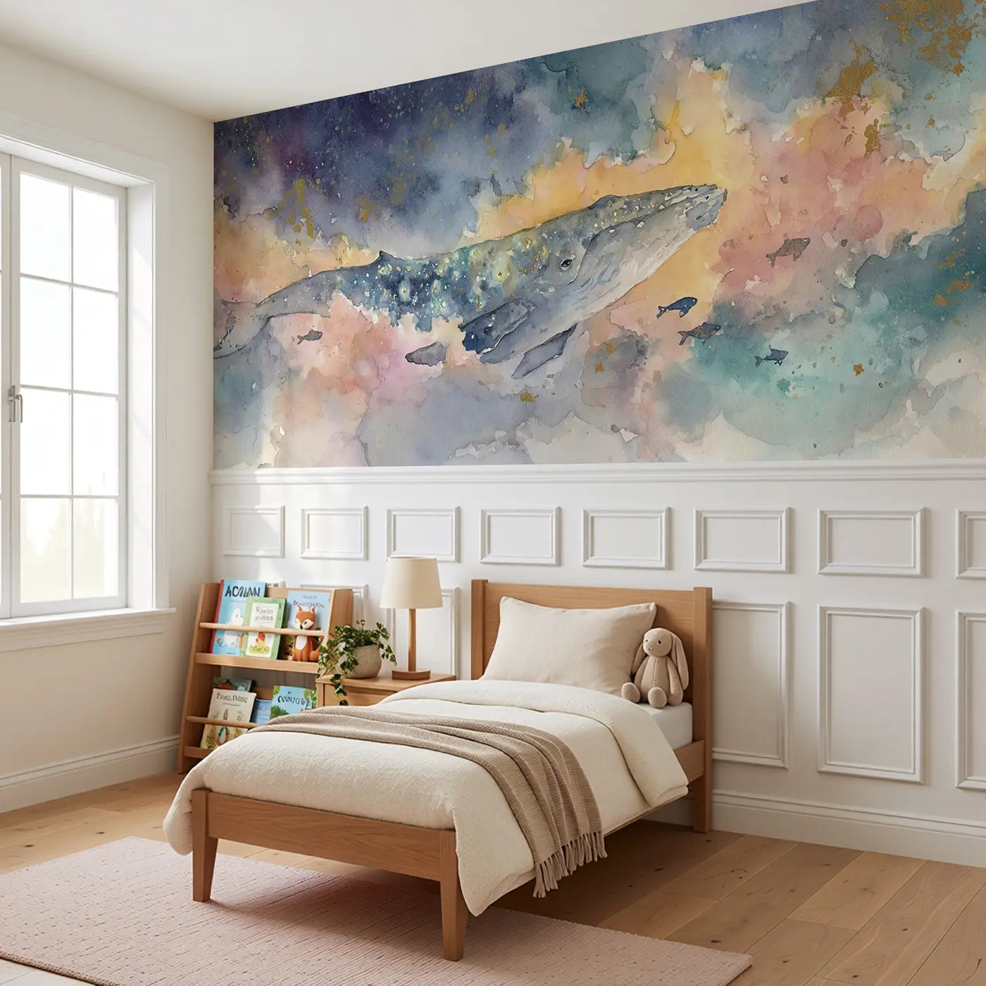 Space Whale Cosmic Swim Wainscoting Wallpaper styled in a kids bedroom by Whimsy Tots