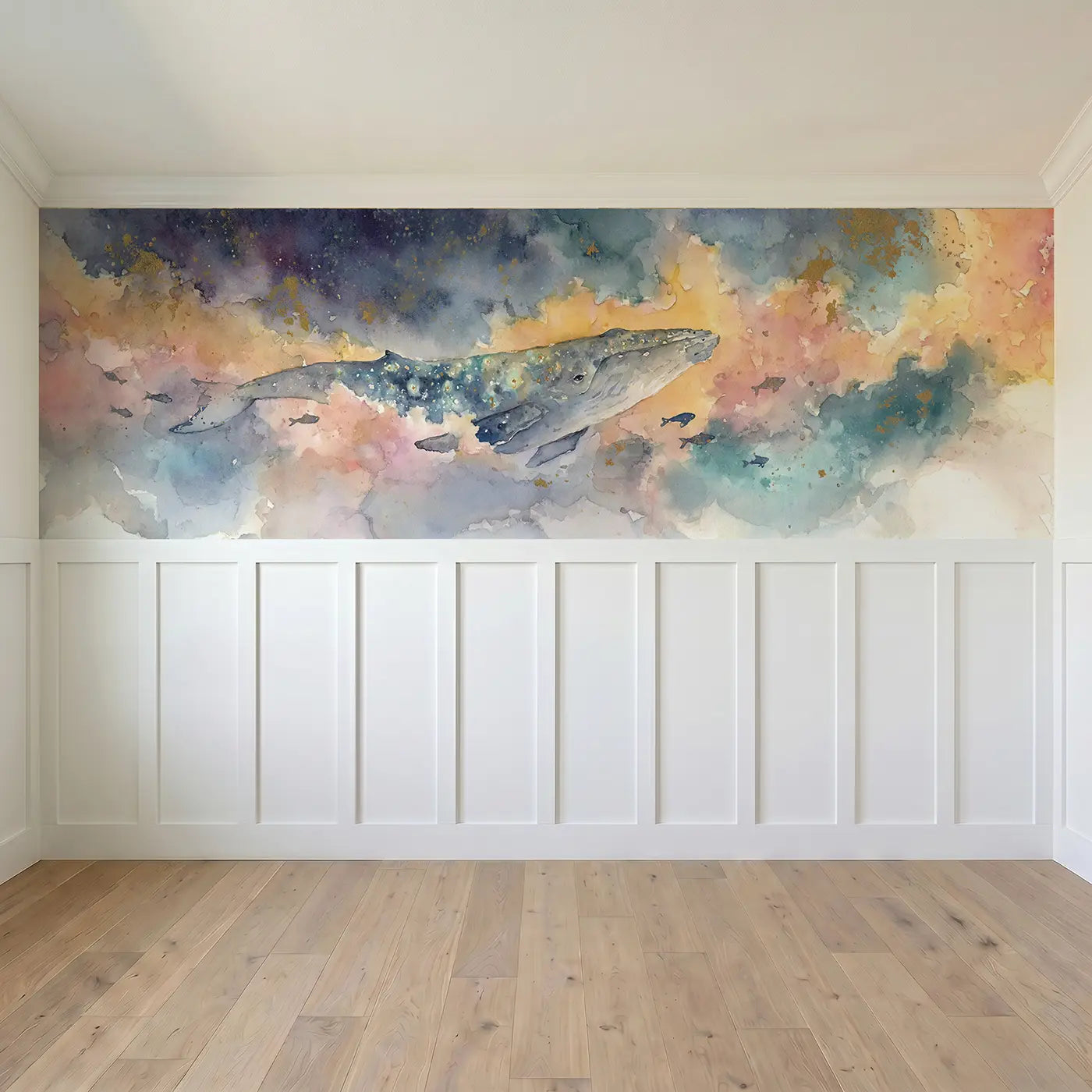Full panel view of Space Whale Cosmic Swim Wainscoting Wallpaper by Whimsy Tots