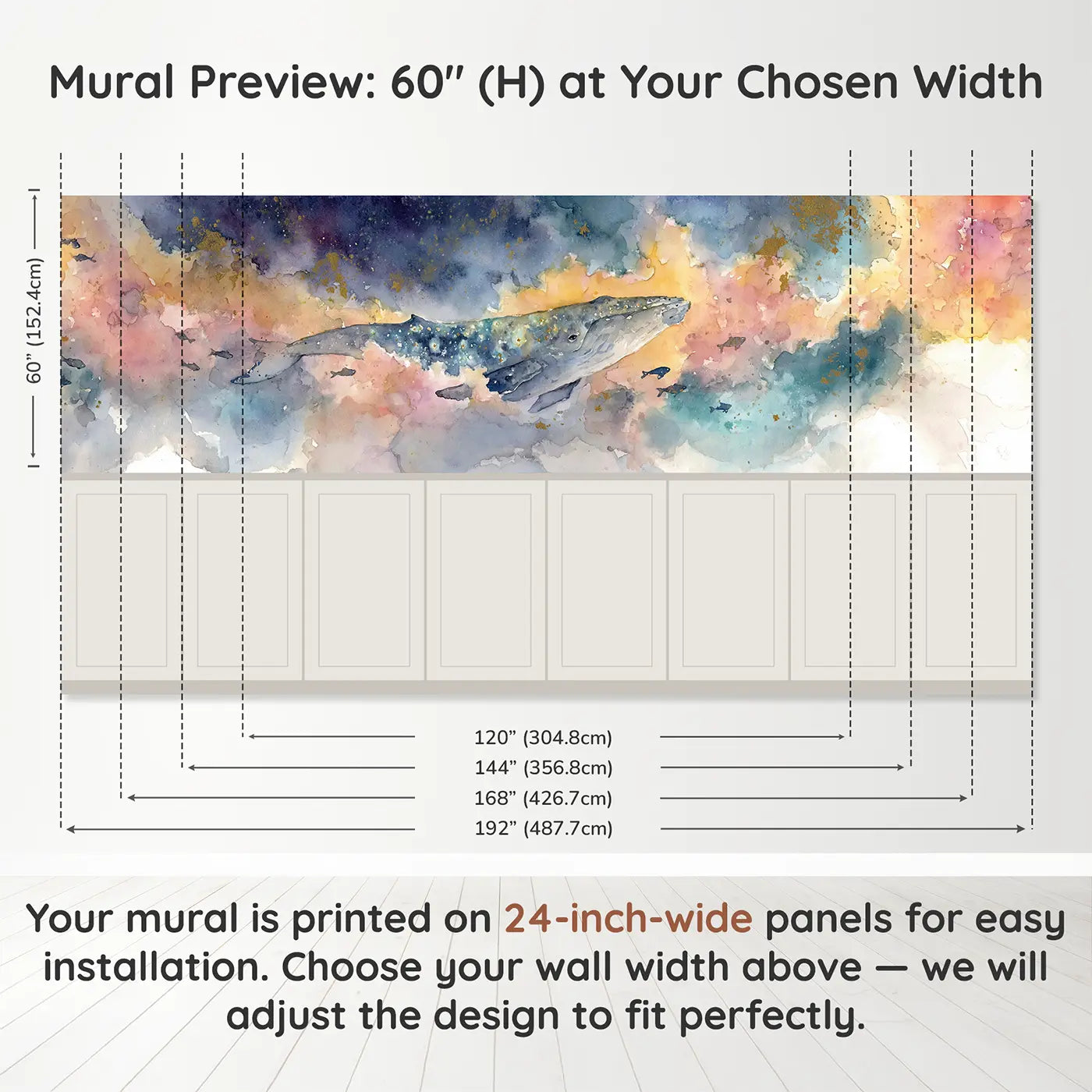 Panel dimensions for Space Whale Cosmic Swim Wainscoting Wallpaper by Whimsy Tots