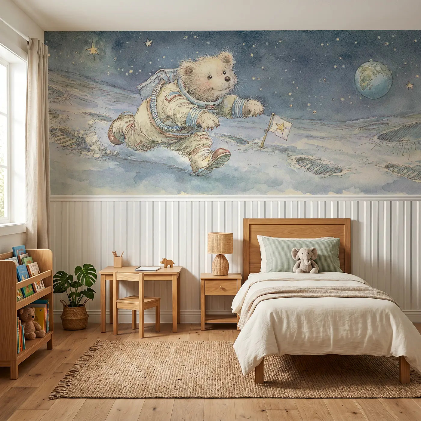 Storybook astronaut bear moon walk wainscoting wallpaper for bedroom by Whimsy Tots