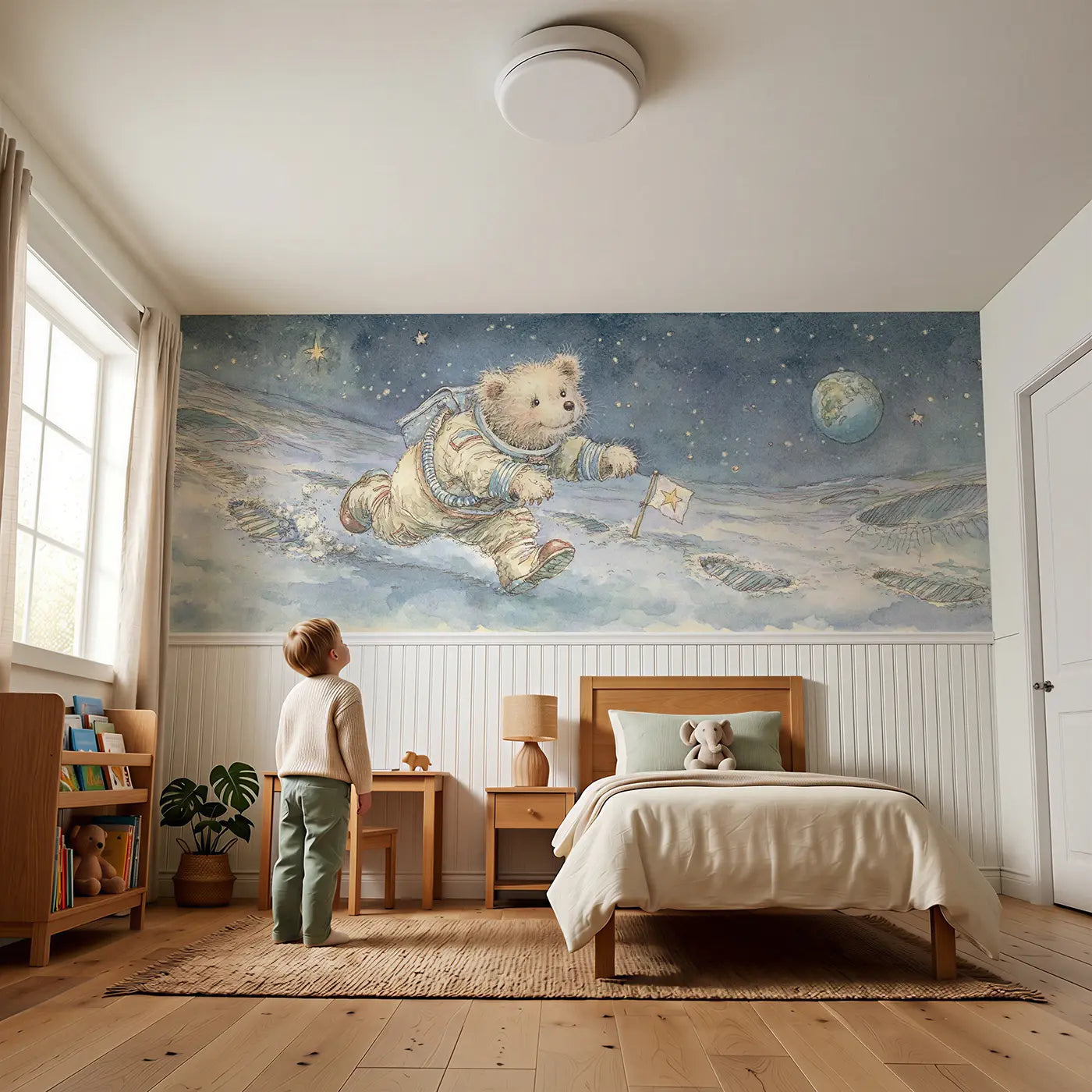 Child reading near Astronaut Bear Moon Walk Wainscoting Wallpaper by Whimsy Tots