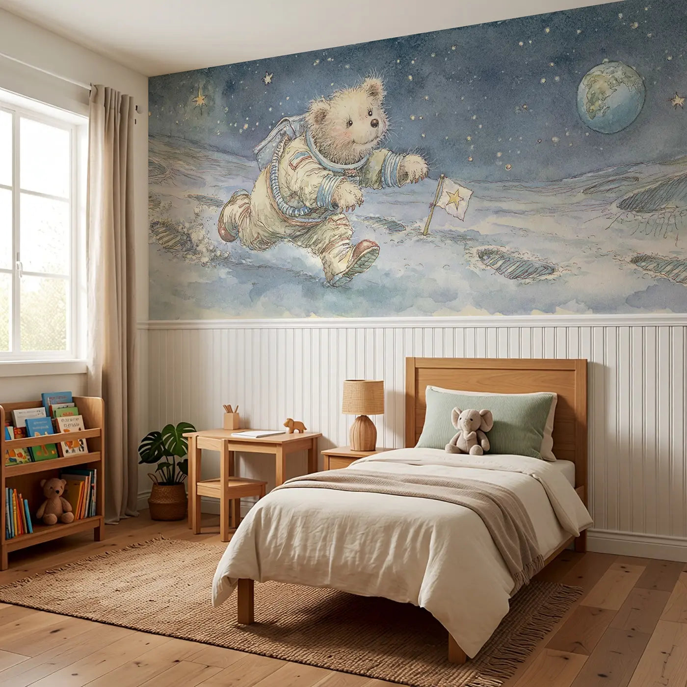 Astronaut Bear Moon Walk Wainscoting Wallpaper styled in a kids bedroom by Whimsy Tots