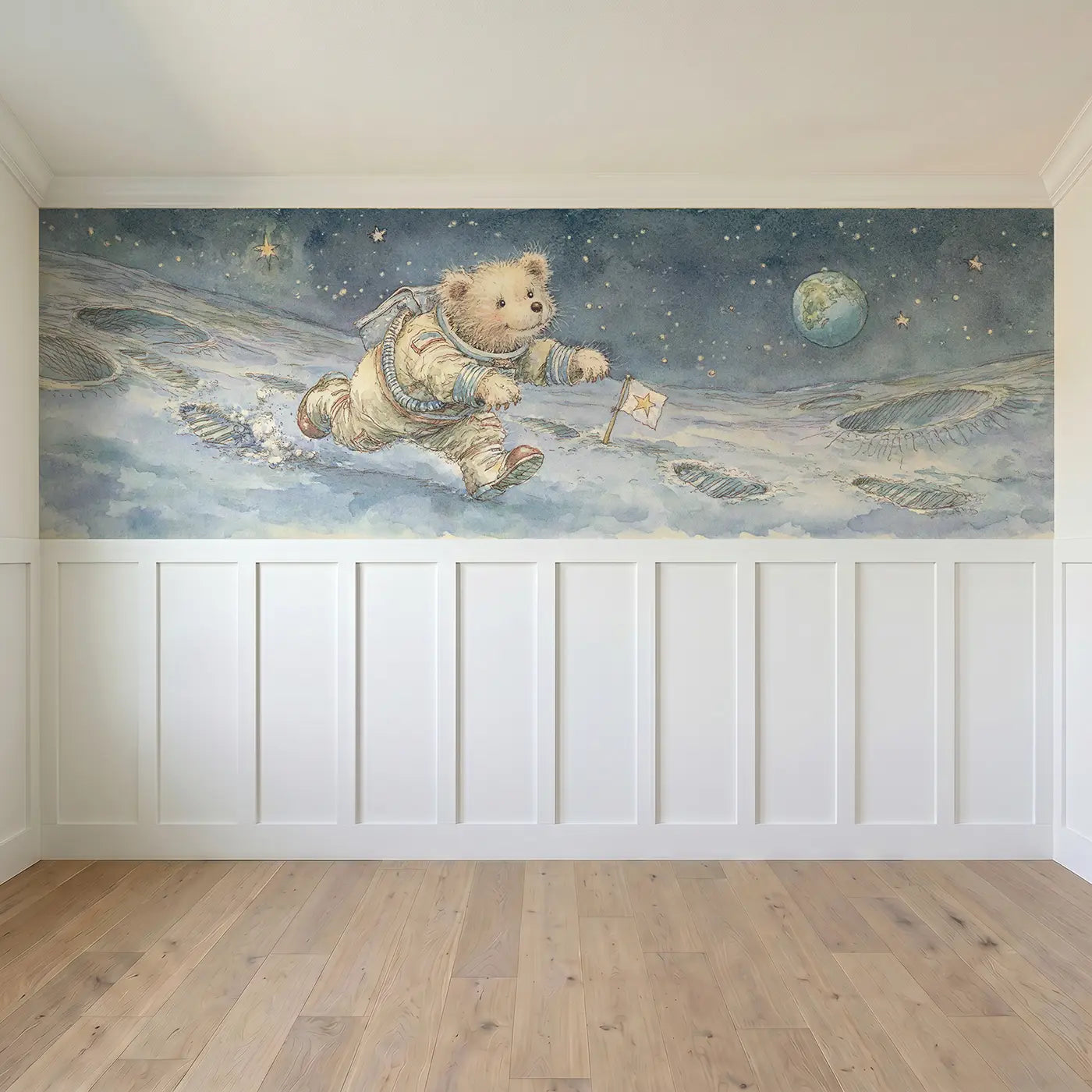Full panel view of Astronaut Bear Moon Walk Wainscoting Wallpaper by Whimsy Tots