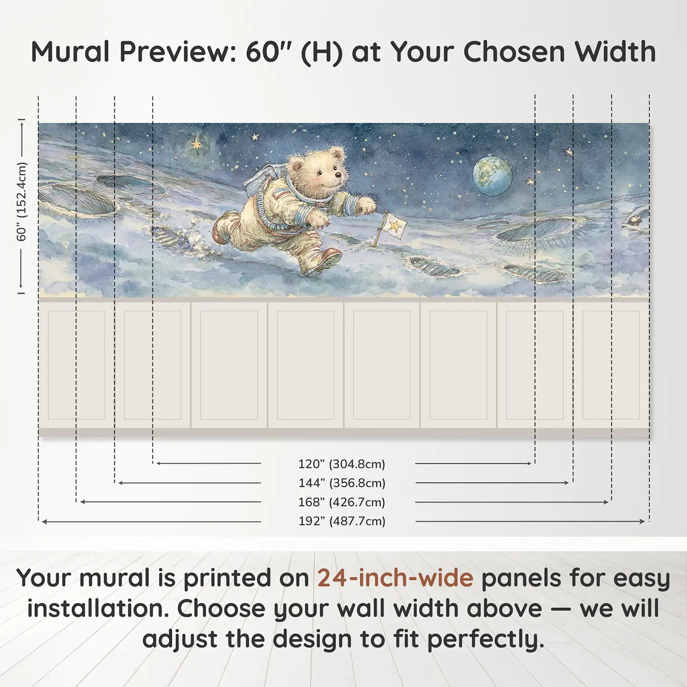 Panel dimensions for Astronaut Bear Moon Walk Wainscoting Wallpaper by Whimsy Tots