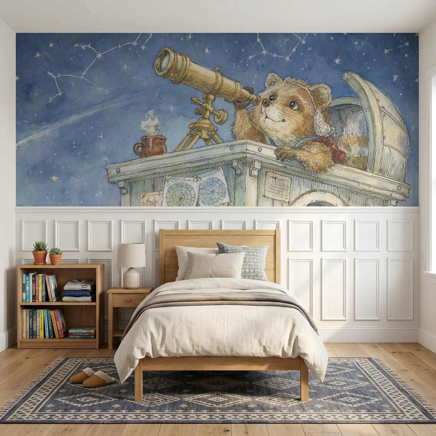 Storybook fox telescope stargazing wainscoting wallpaper for bedroom by Whimsy Tots