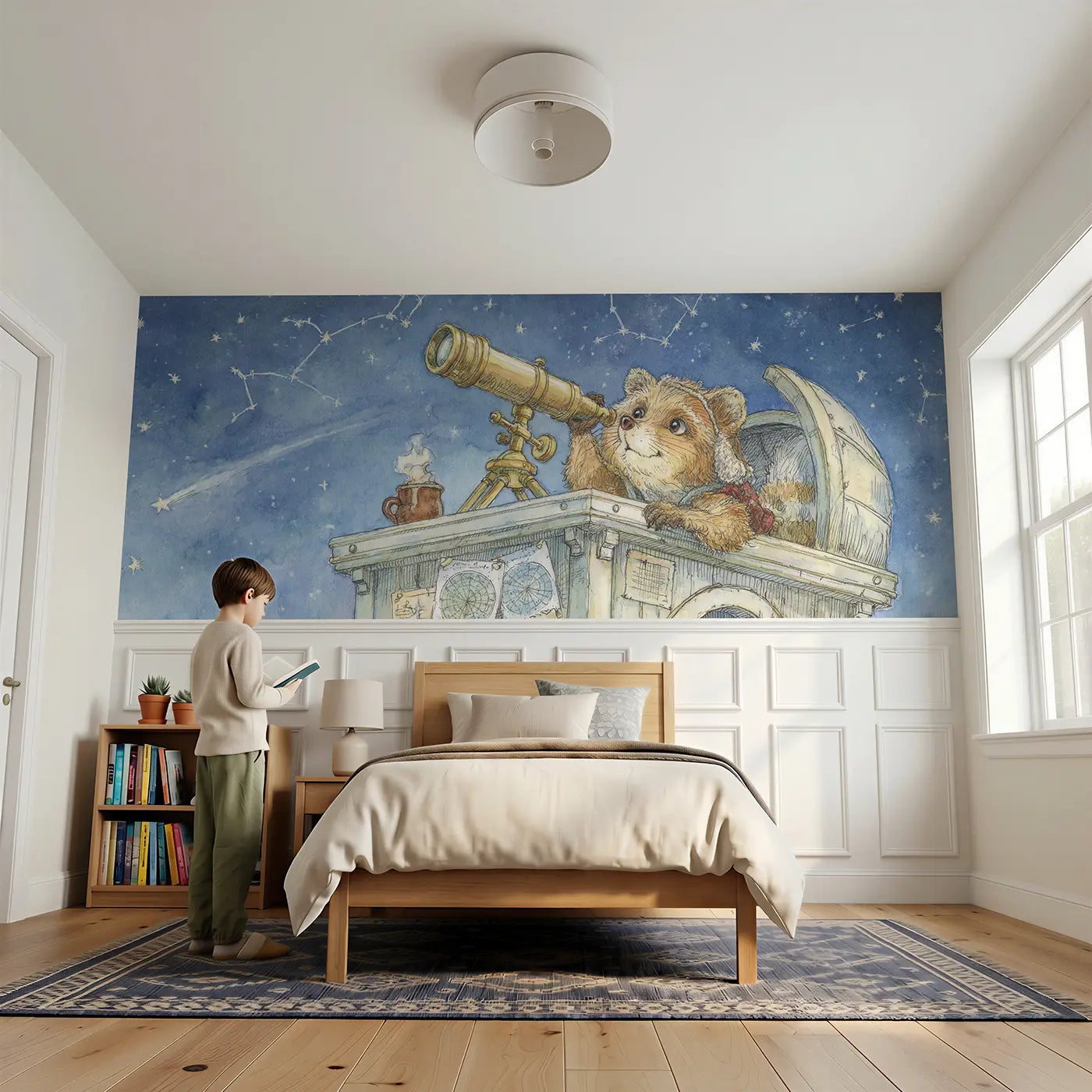 Child reading near Fox Telescope Stargazing Wainscoting Wallpaper by Whimsy Tots