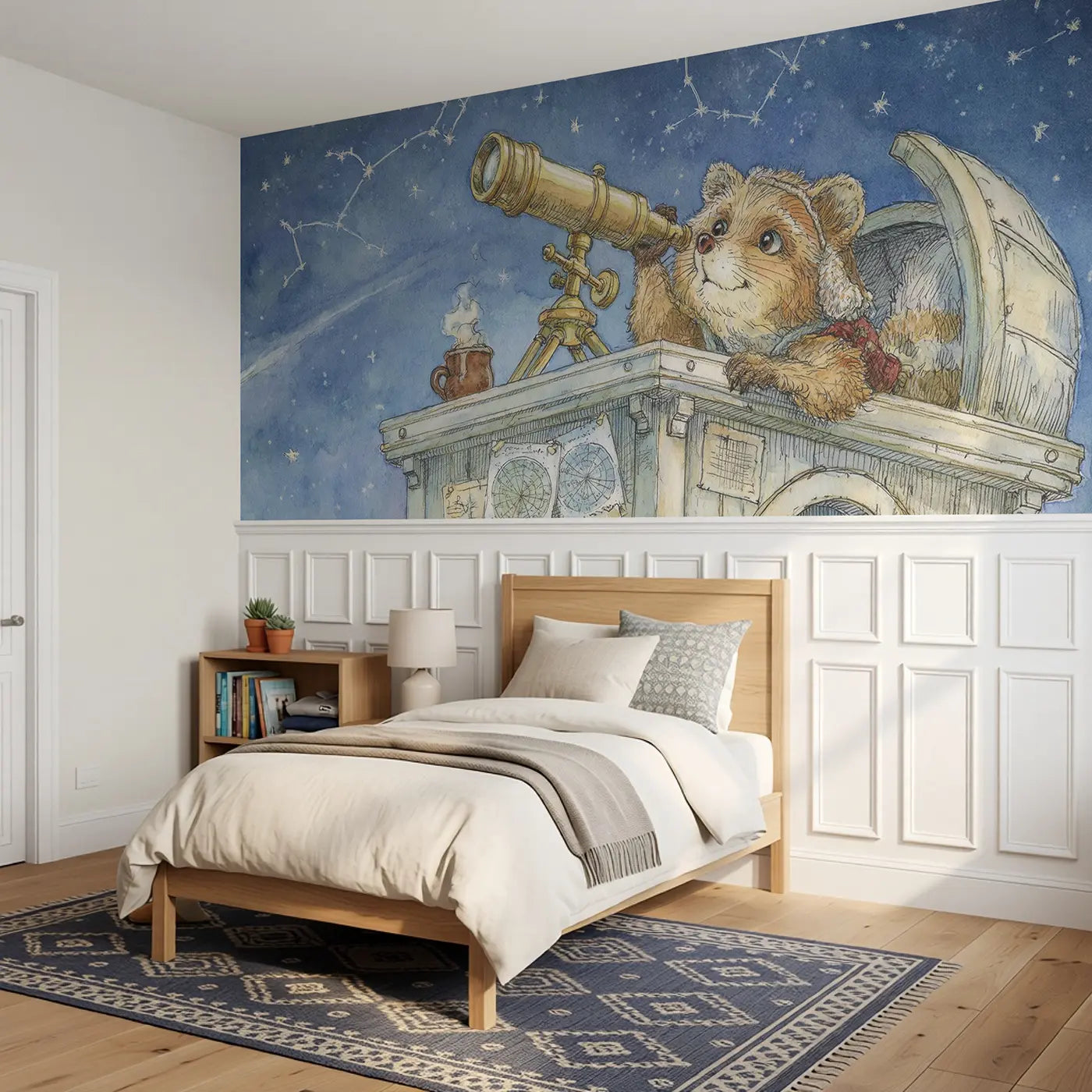 Fox Telescope Stargazing Wainscoting Wallpaper styled in a kids bedroom by Whimsy Tots