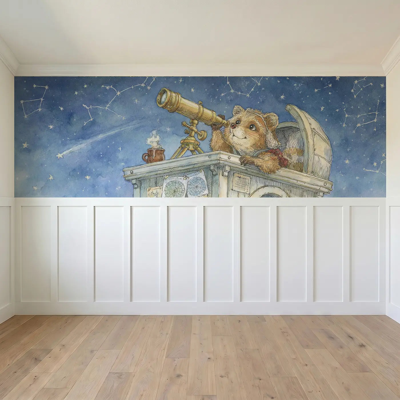 Full panel view of Fox Telescope Stargazing Wainscoting Wallpaper by Whimsy Tots