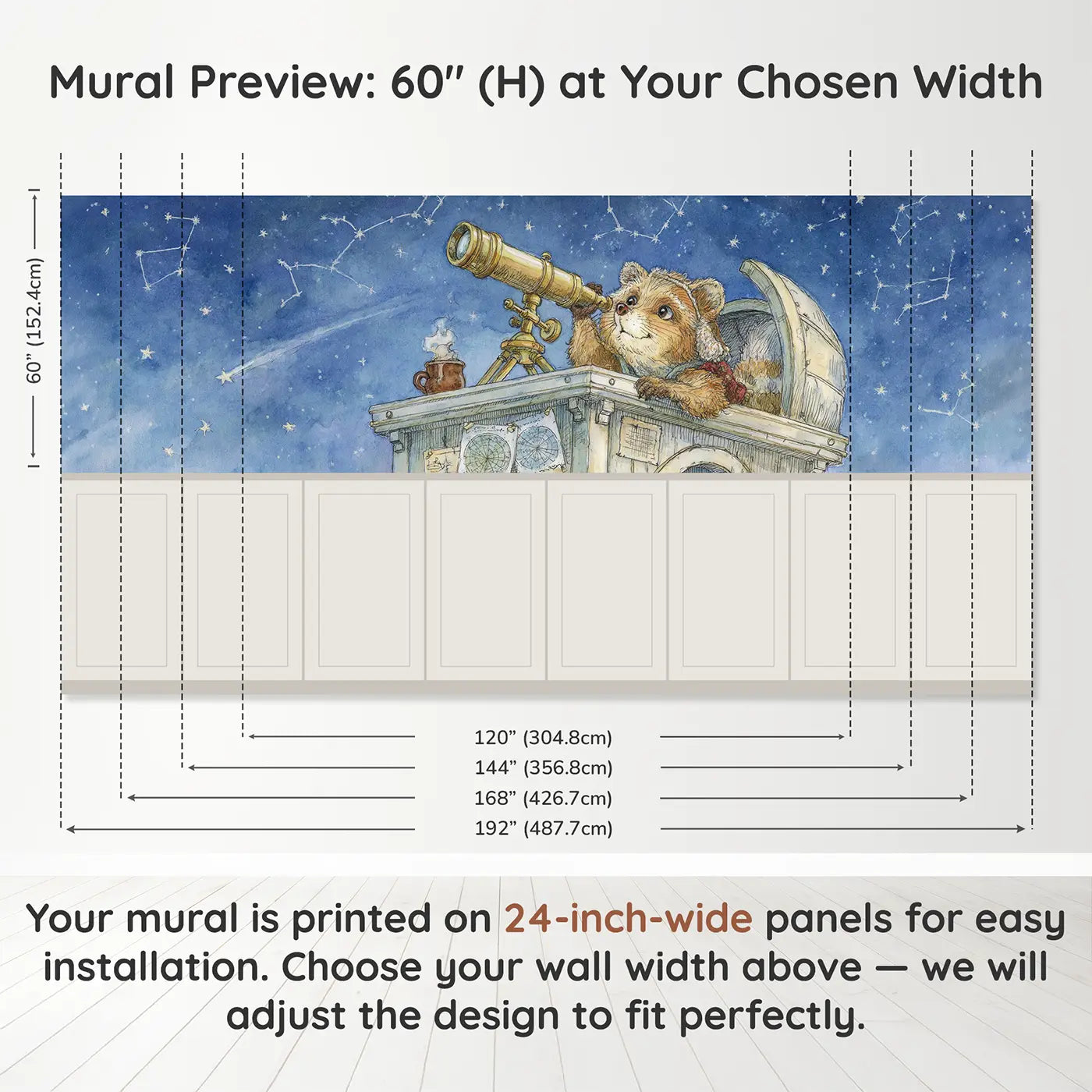 Panel dimensions for Fox Telescope Stargazing Wainscoting Wallpaper by Whimsy Tots