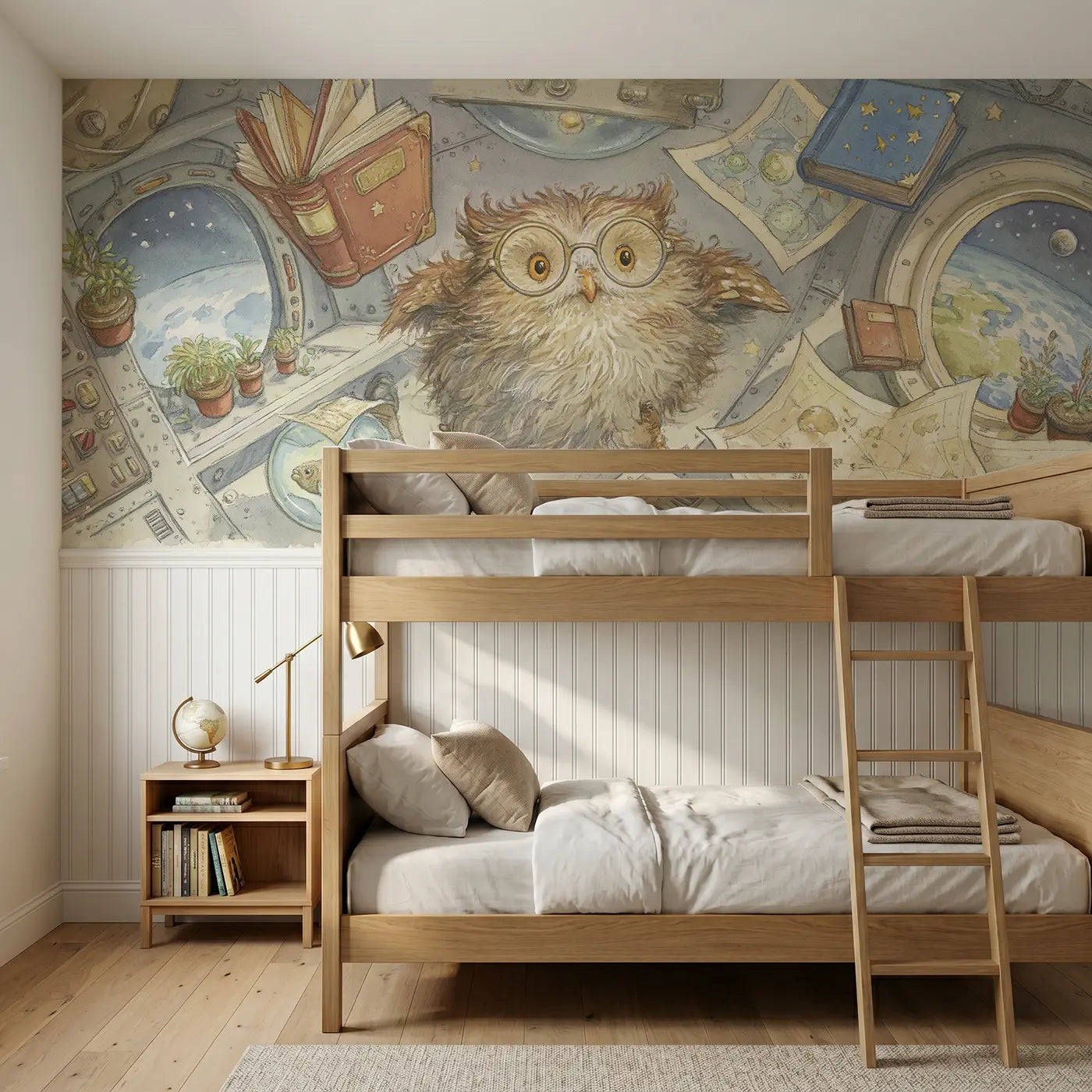 Storybook owl space station visit wainscoting wallpaper for bedroom by Whimsy Tots