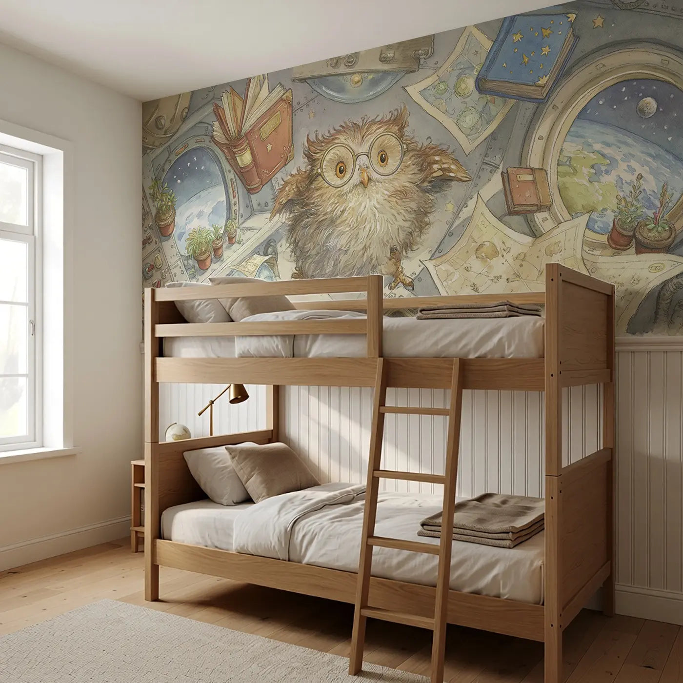 Owl Space Station Visit Wainscoting Wallpaper styled in a kids bedroom by Whimsy Tots