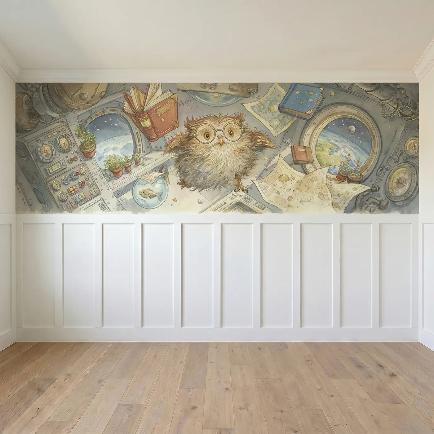 Full panel view of Owl Space Station Visit Wainscoting Wallpaper by Whimsy Tots