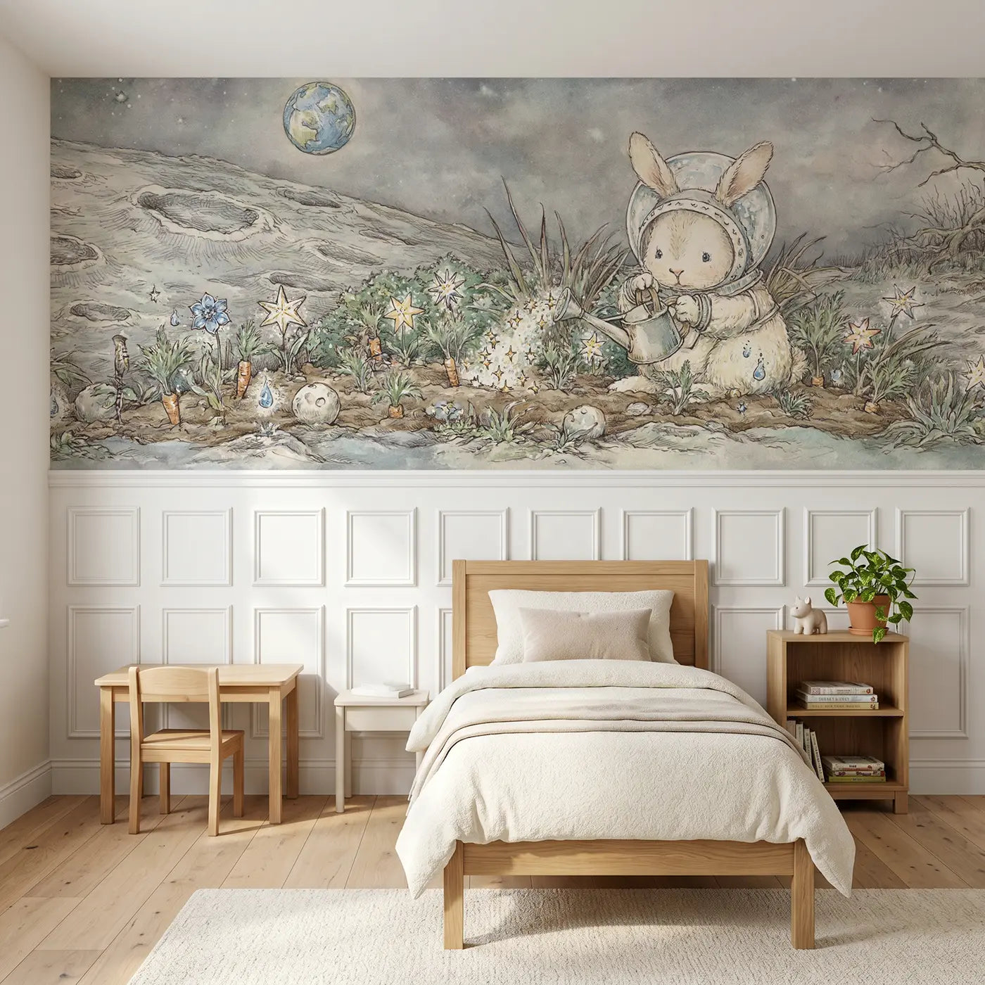 Storybook bunny moon garden plant wainscoting wallpaper for nursery by Whimsy Tots