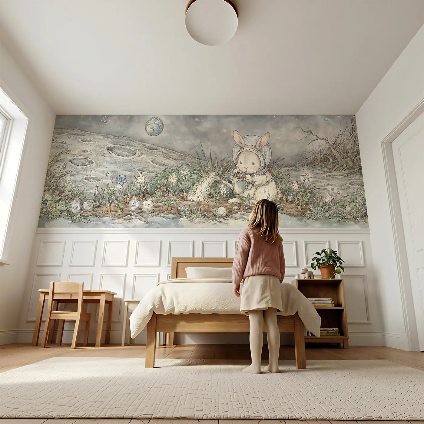 Child reading near Bunny Moon Garden Plant Wainscoting Wallpaper by Whimsy Tots
