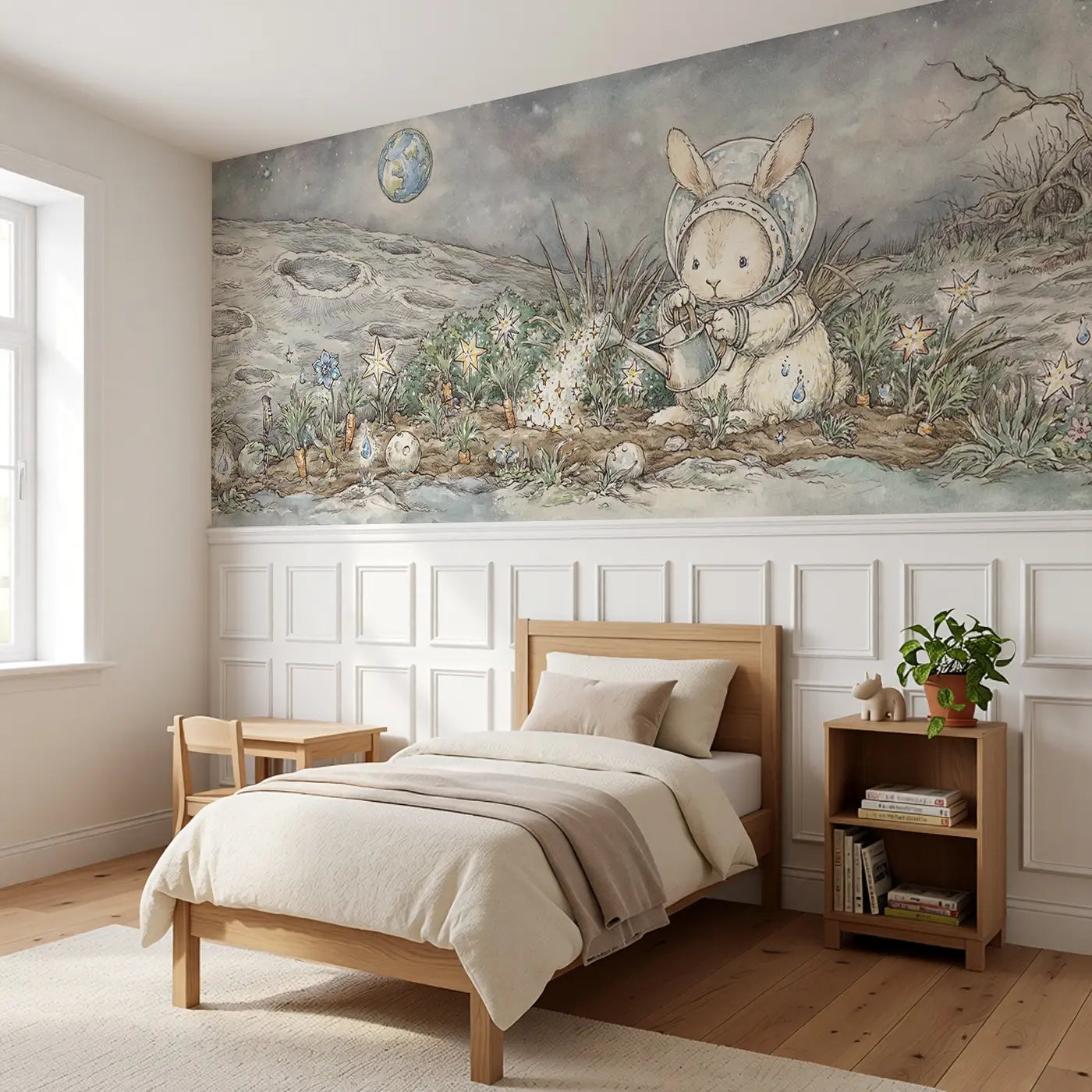 Bunny Moon Garden Plant Wainscoting Wallpaper styled in a kids bedroom by Whimsy Tots