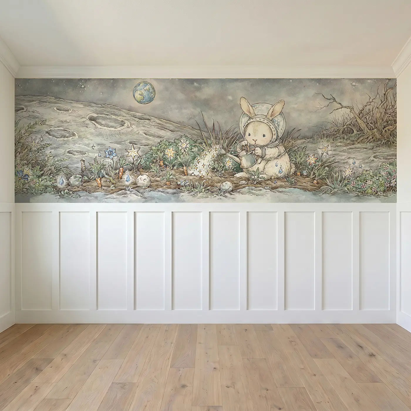 Full panel view of Bunny Moon Garden Plant Wainscoting Wallpaper by Whimsy Tots