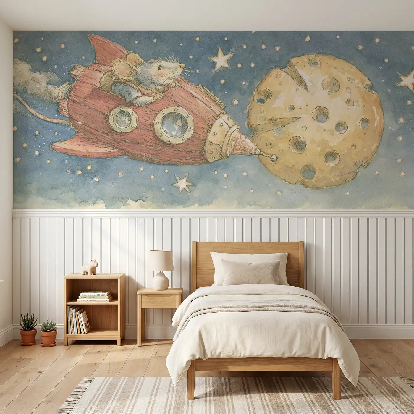 Storybook rocket mouse cheese moon wainscoting wallpaper for nursery by Whimsy Tots