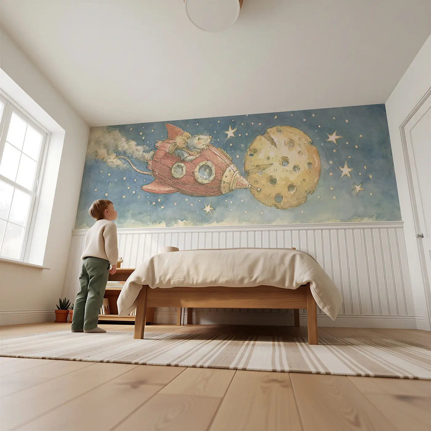 Child reading near Rocket Mouse Cheese Moon Wainscoting Wallpaper by Whimsy Tots