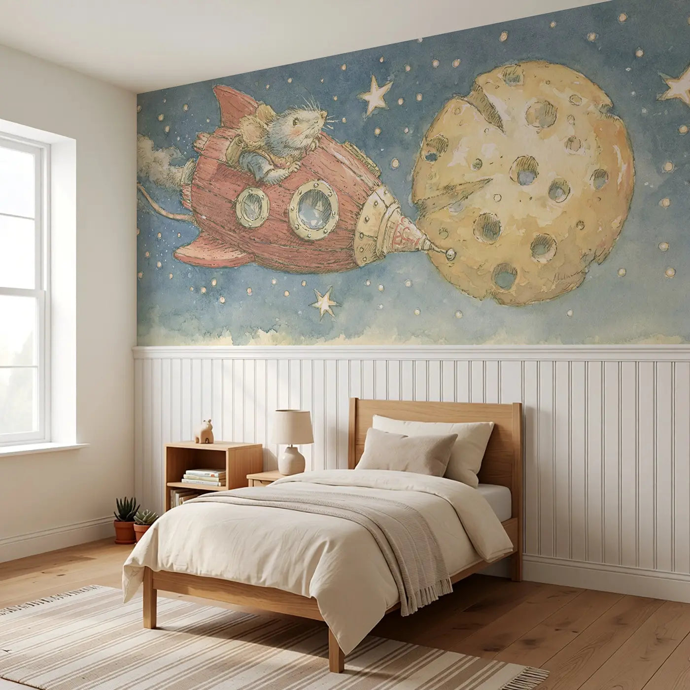 Rocket Mouse Cheese Moon Wainscoting Wallpaper styled in a kids bedroom by Whimsy Tots
