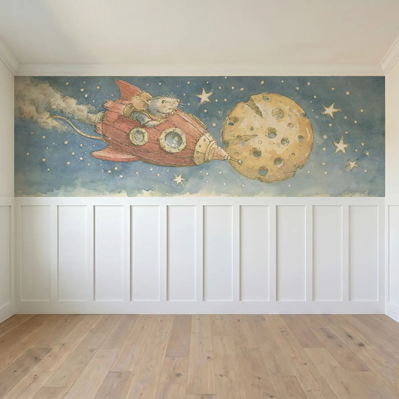 Full panel view of Rocket Mouse Cheese Moon Wainscoting Wallpaper by Whimsy Tots