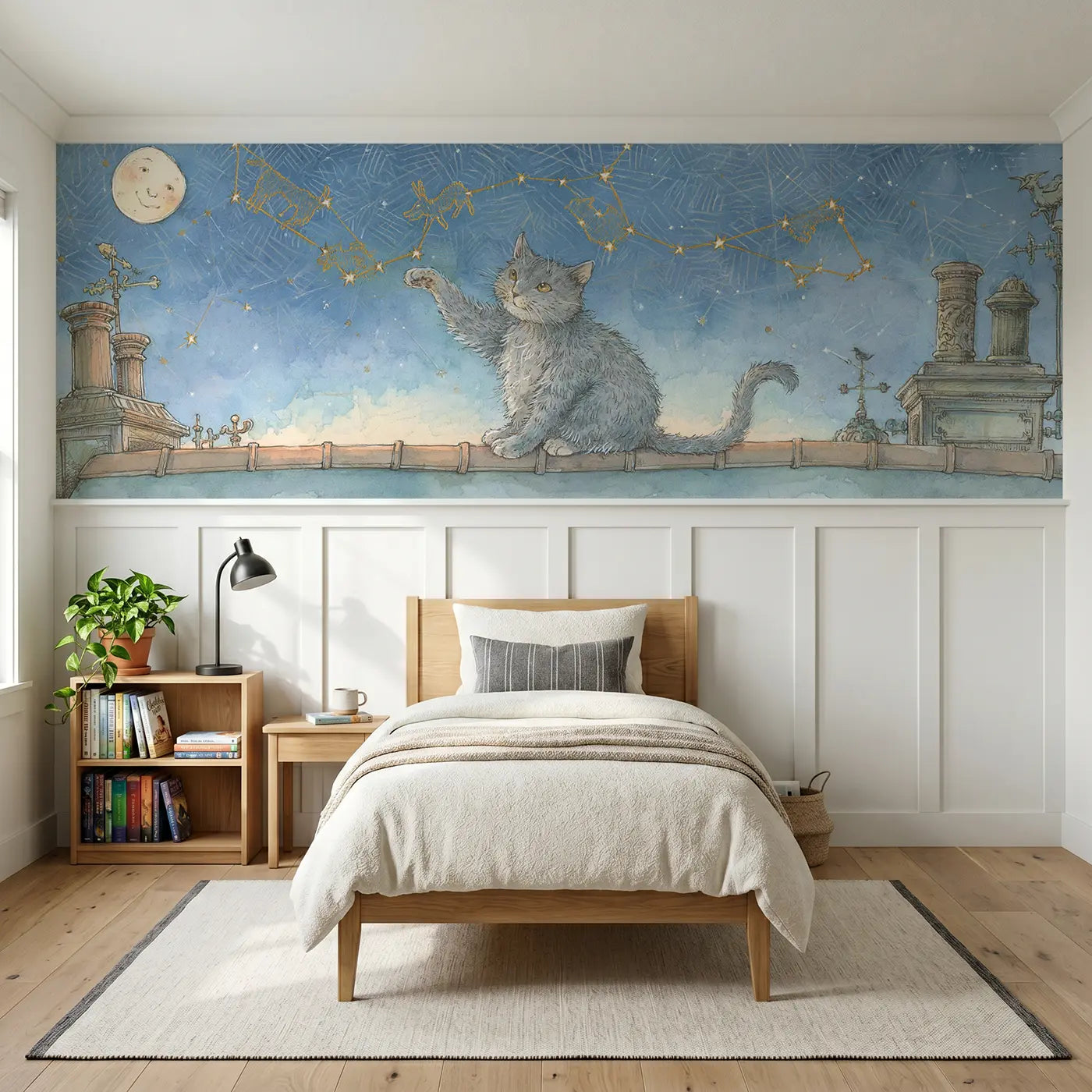 Storybook cat constellation connect wainscoting wallpaper for bedroom by Whimsy Tots