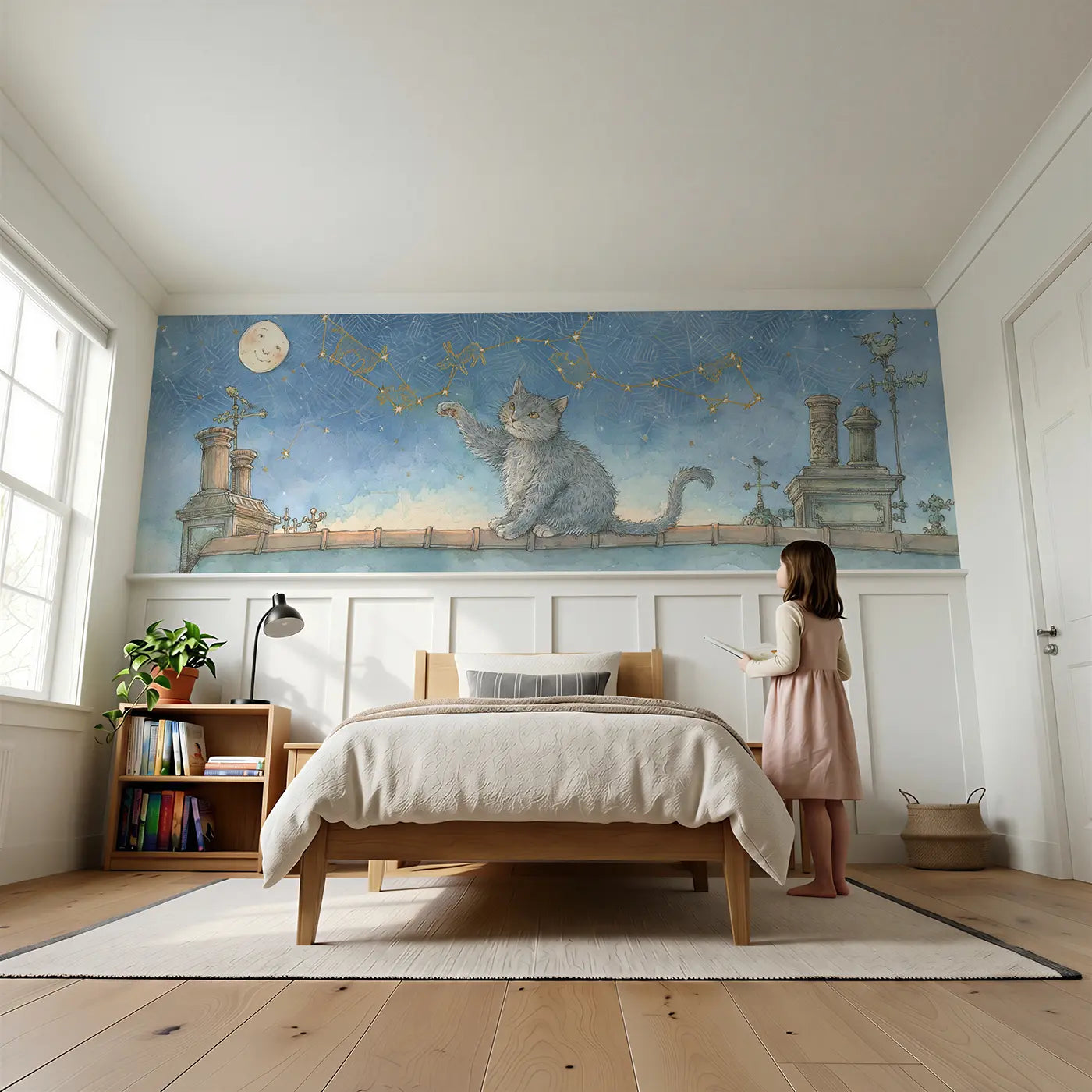 Child reading near Cat Constellation Connect Wainscoting Wallpaper by Whimsy Tots