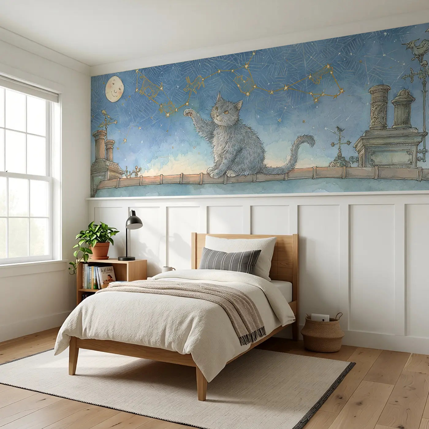 Cat Constellation Connect Wainscoting Wallpaper styled in a kids bedroom by Whimsy Tots