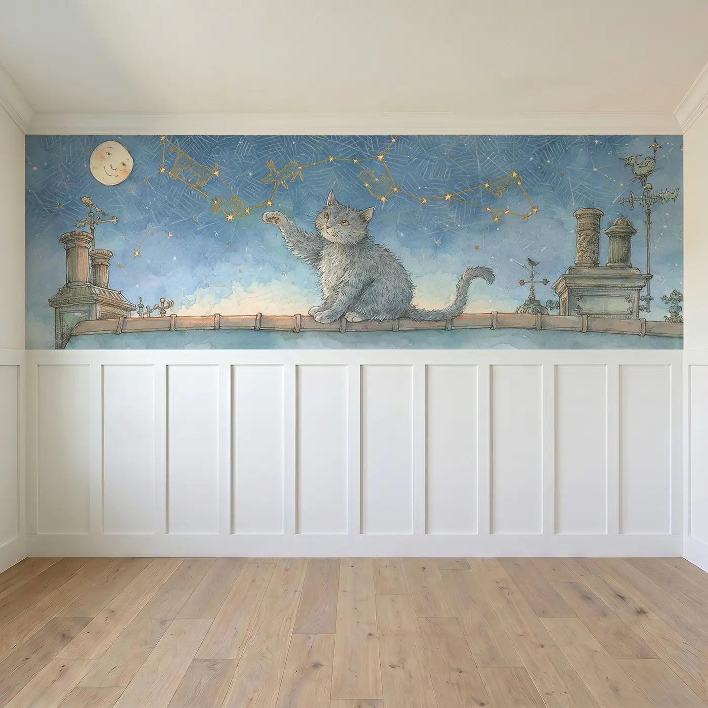 Full panel view of Cat Constellation Connect Wainscoting Wallpaper by Whimsy Tots