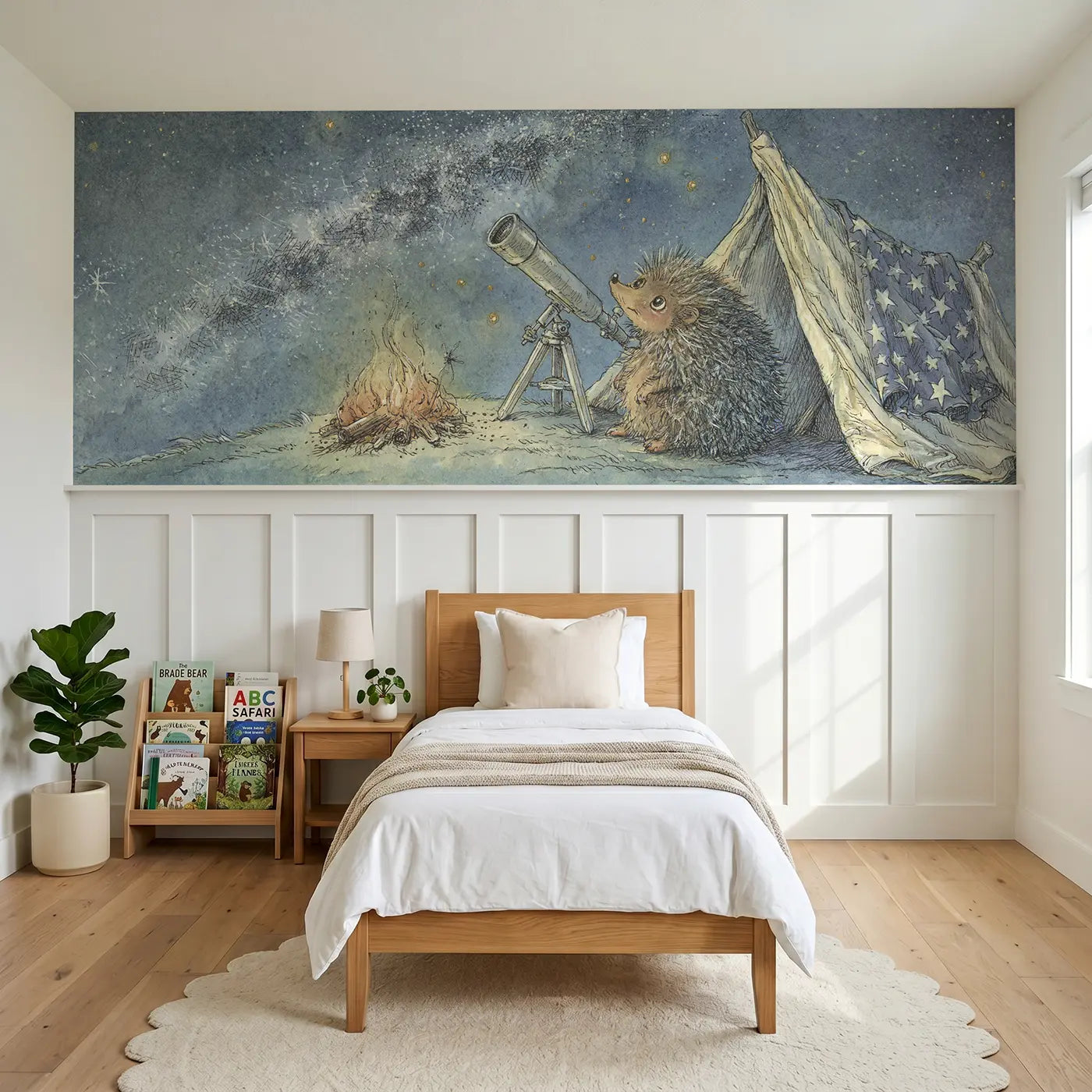Storybook hedgehog space camping wainscoting wallpaper for bedroom by Whimsy Tots