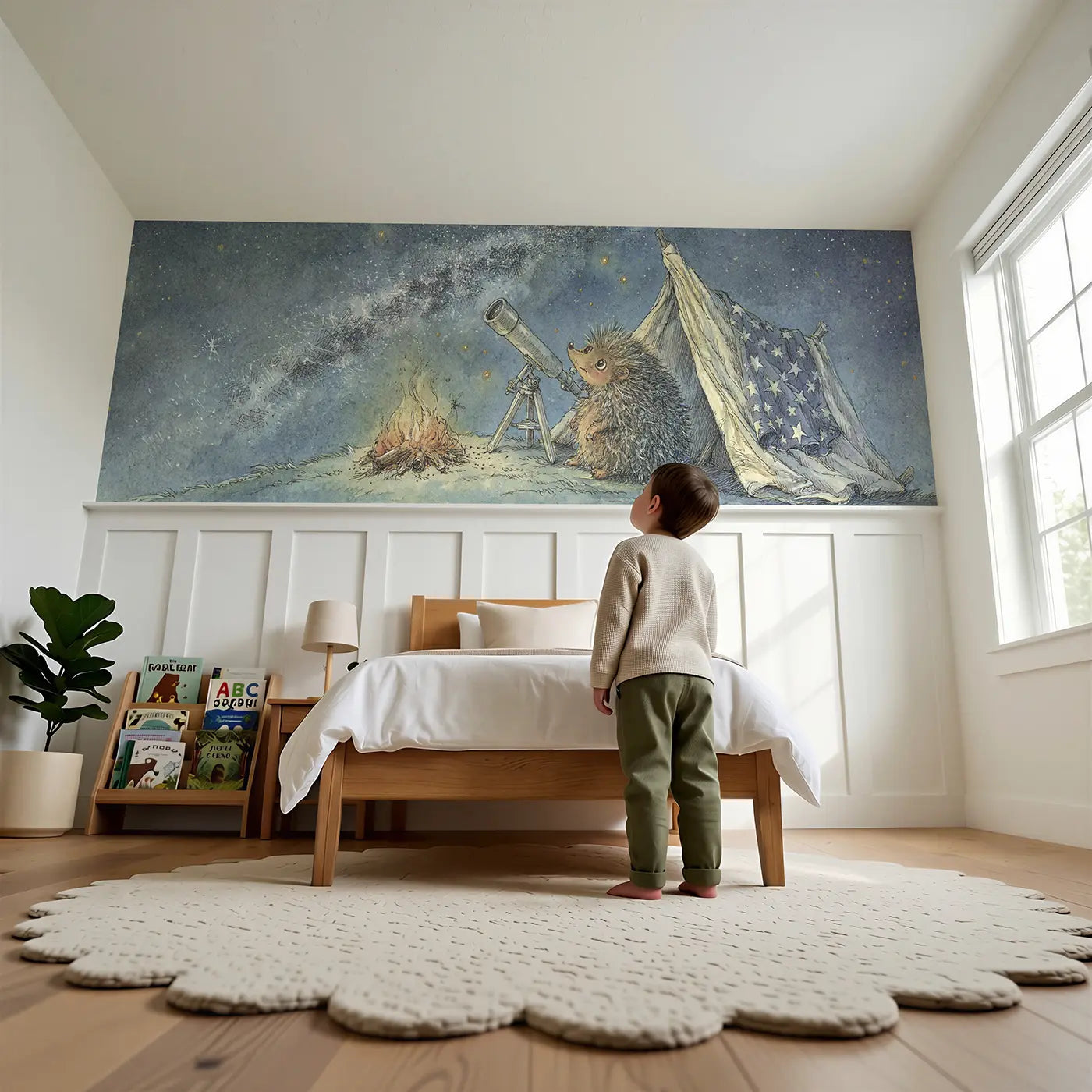 Child reading near Hedgehog Space Camping Wainscoting Wallpaper by Whimsy Tots