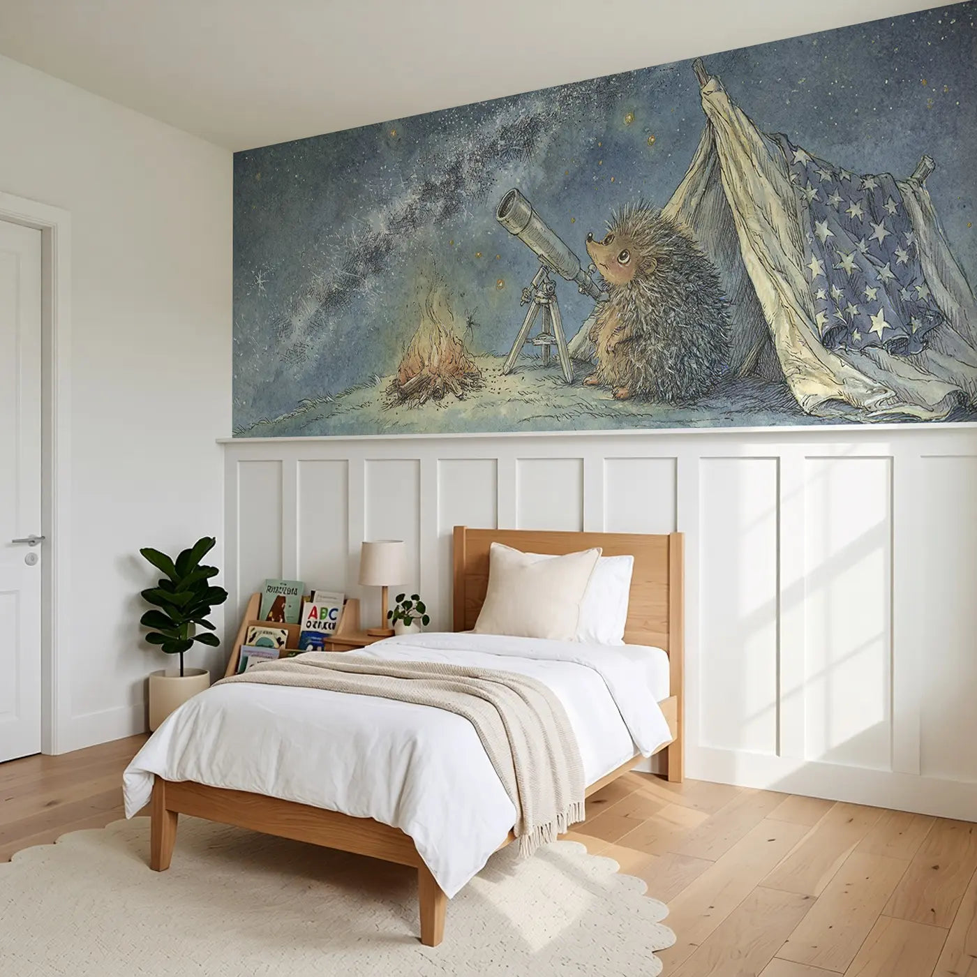 Hedgehog Space Camping Wainscoting Wallpaper styled in a kids bedroom by Whimsy Tots