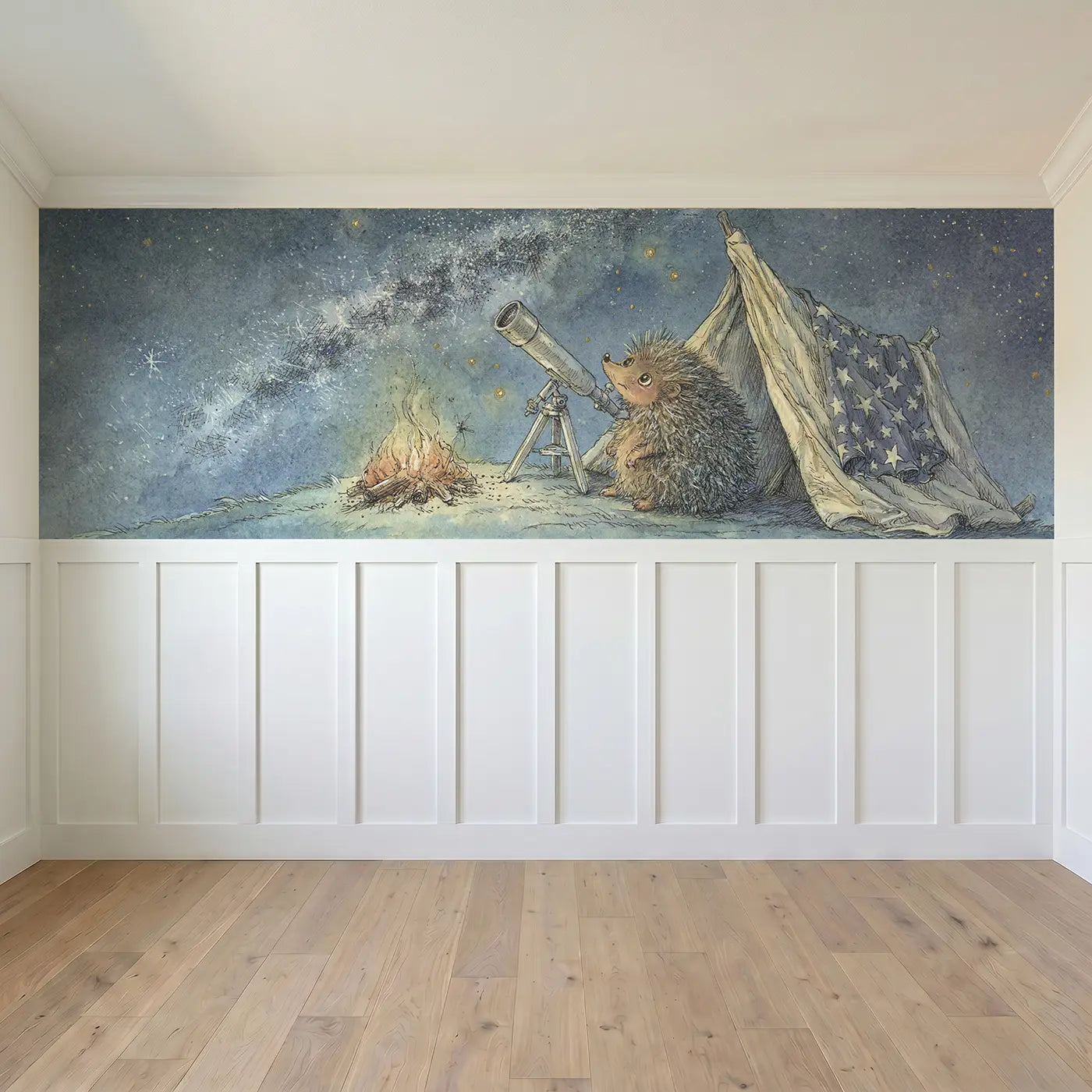 Full panel view of Hedgehog Space Camping Wainscoting Wallpaper by Whimsy Tots