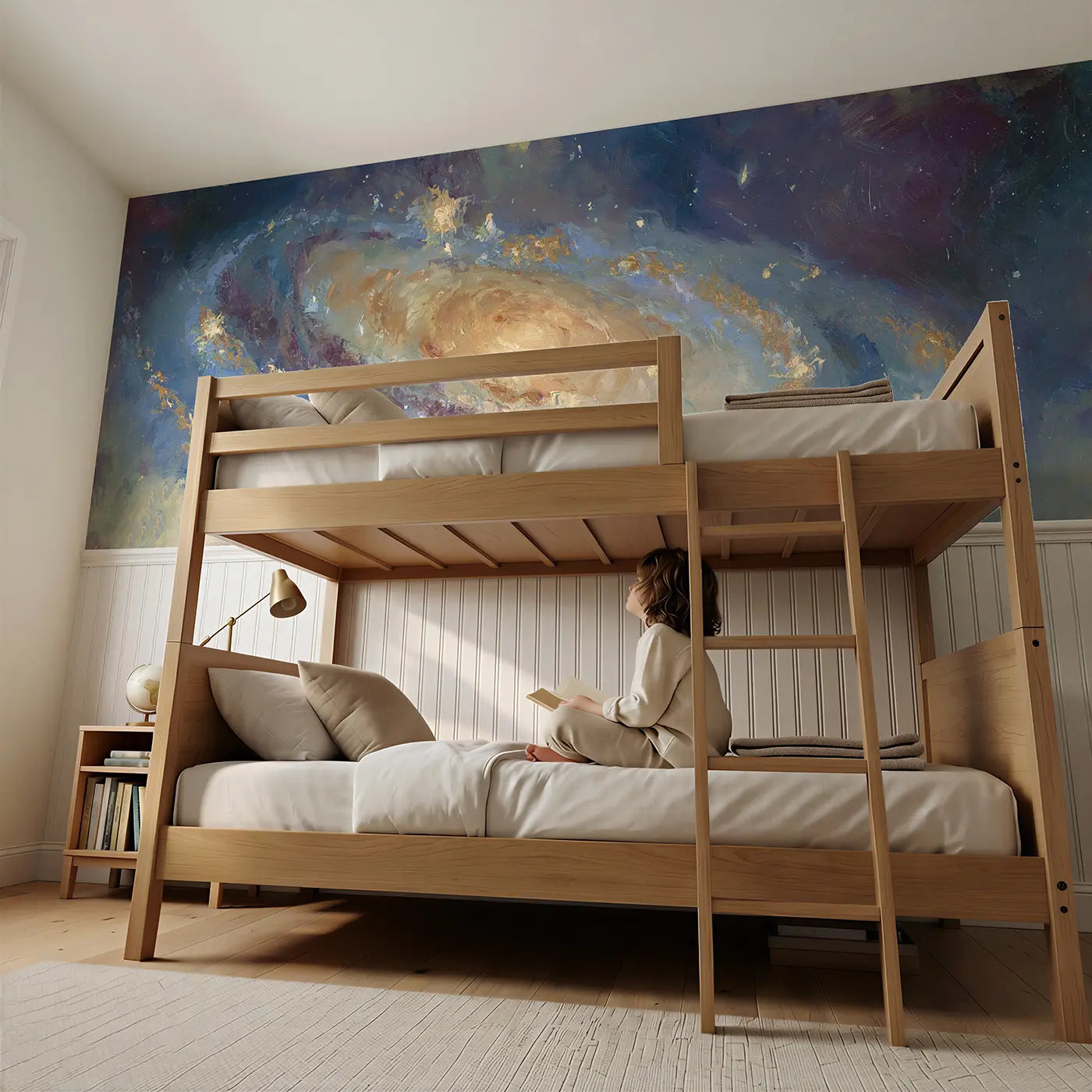 Child reading near Galaxy Spiral Deep Space Wainscoting Wallpaper by Whimsy Tots