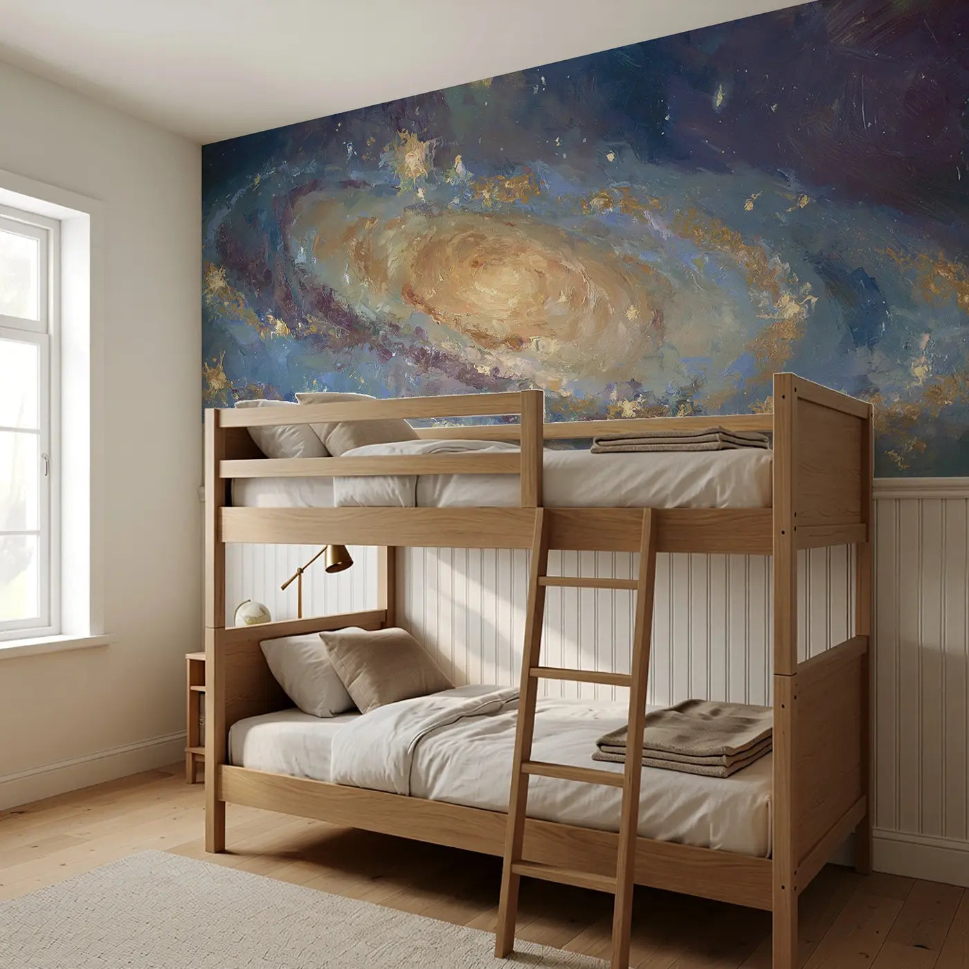 Galaxy Spiral Deep Space Wainscoting Wallpaper styled in a kids bedroom by Whimsy Tots