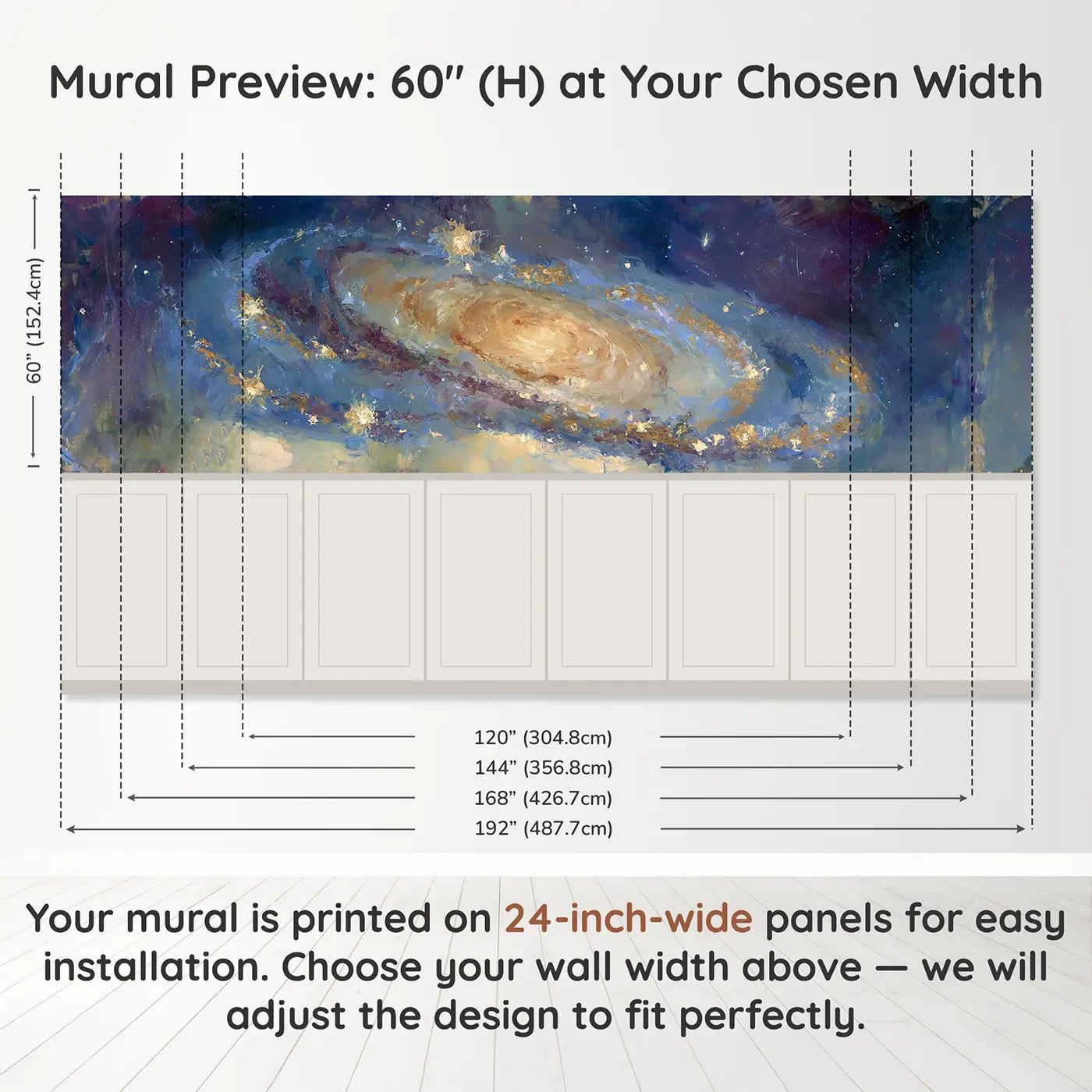 Panel dimensions for Galaxy Spiral Deep Space Wainscoting Wallpaper by Whimsy Tots