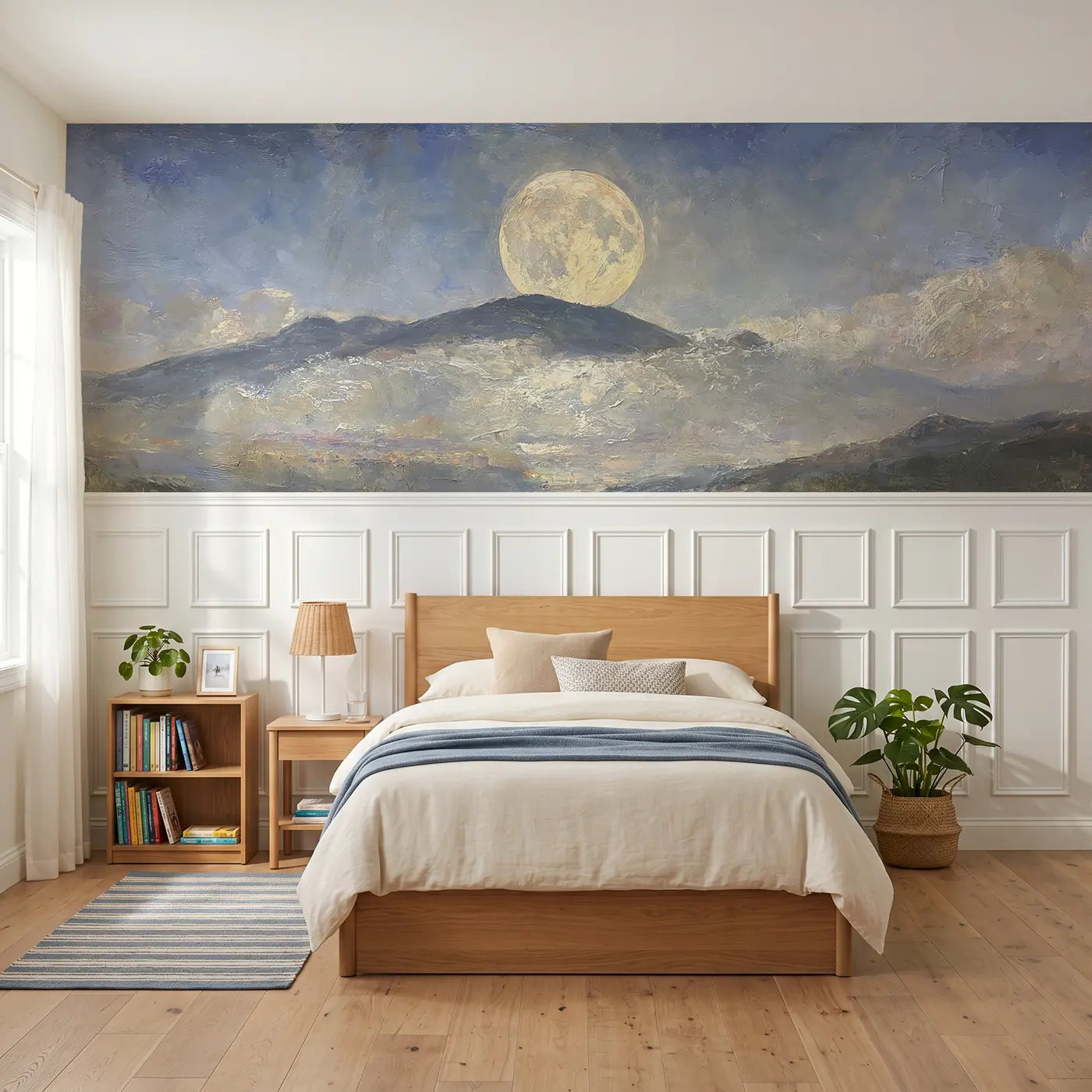 Painted Landscape moonrise mountain oil wainscoting wallpaper for bedroom by Whimsy Tots
