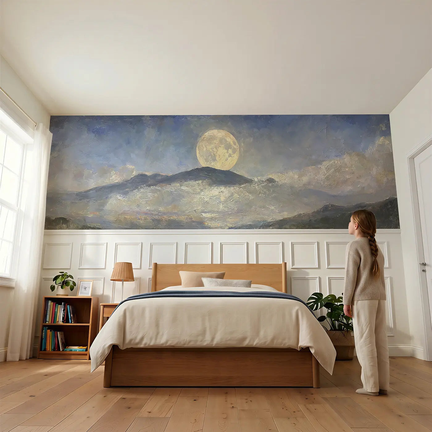 Child reading near Moonrise Mountain Oil Wainscoting Wallpaper by Whimsy Tots