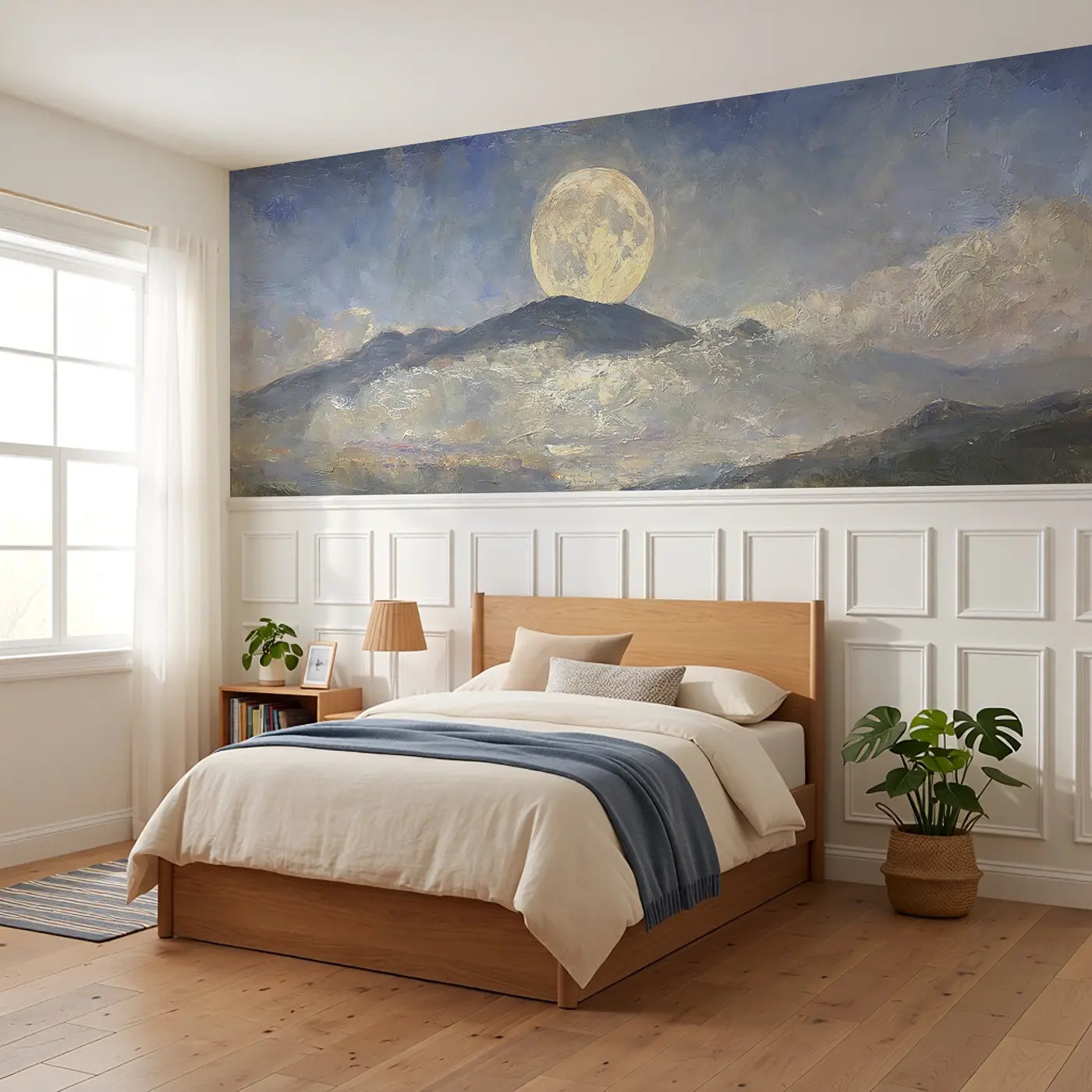 Moonrise Mountain Oil Wainscoting Wallpaper styled in a kids bedroom by Whimsy Tots