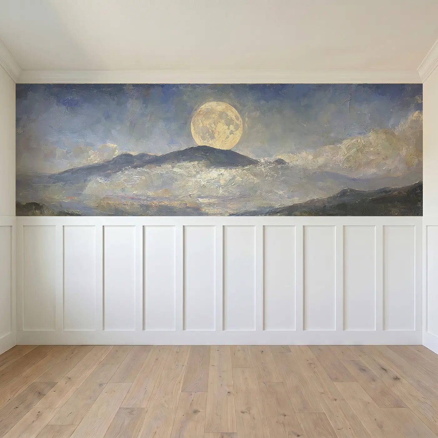 Full panel view of Moonrise Mountain Oil Wainscoting Wallpaper by Whimsy Tots