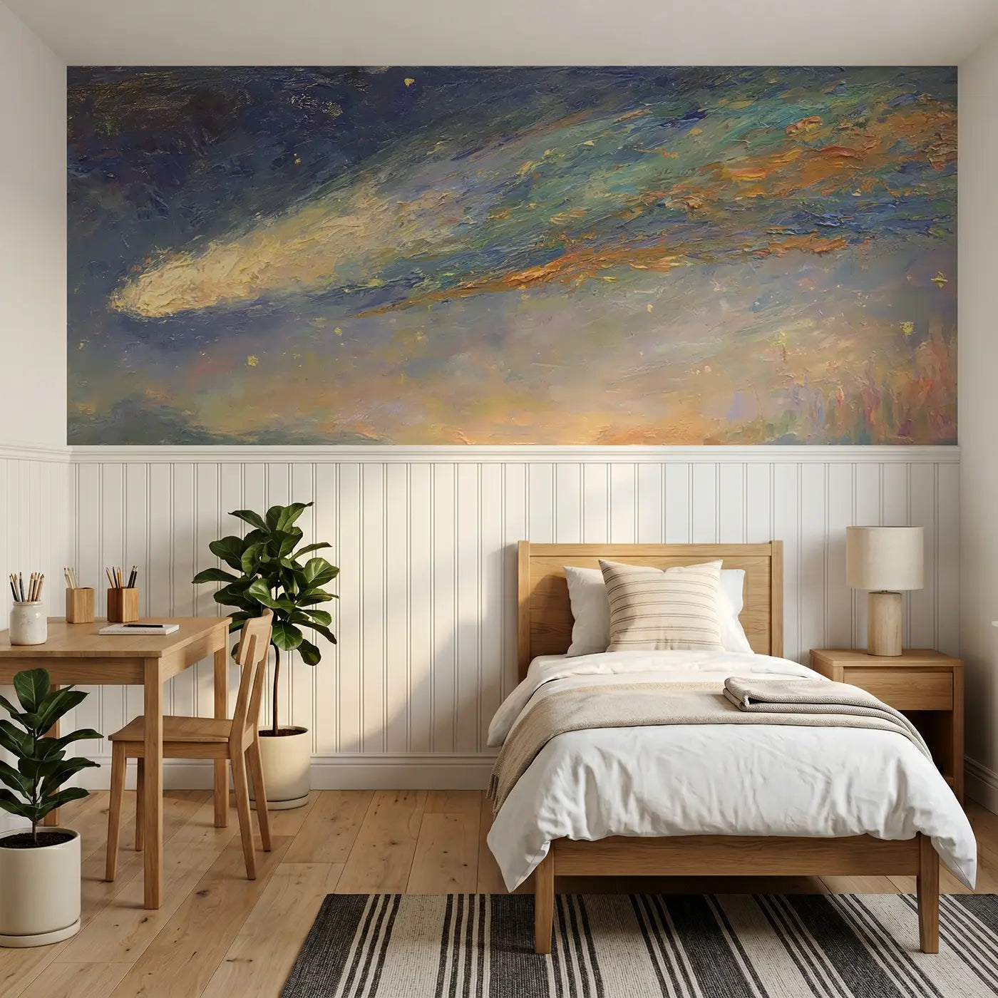 Painted Landscape comet trail night sky wainscoting wallpaper for bedroom by Whimsy Tots